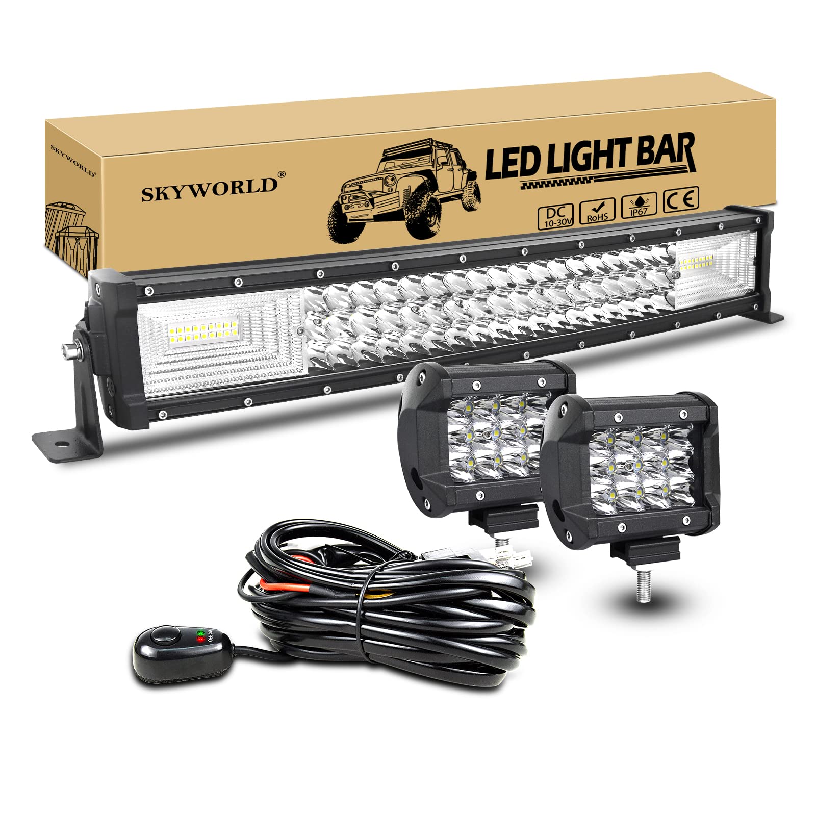 SKYWORLD22 inch 270W Curved LED Light Bar with 12V Wiring Harness Kit, 2 Pcs 4 inch 36W Spot Led Pods Light, Offroad Bar Lamp Driving Fog Lights for 4x4 Car Off road Truck SUV Vehicle Boat