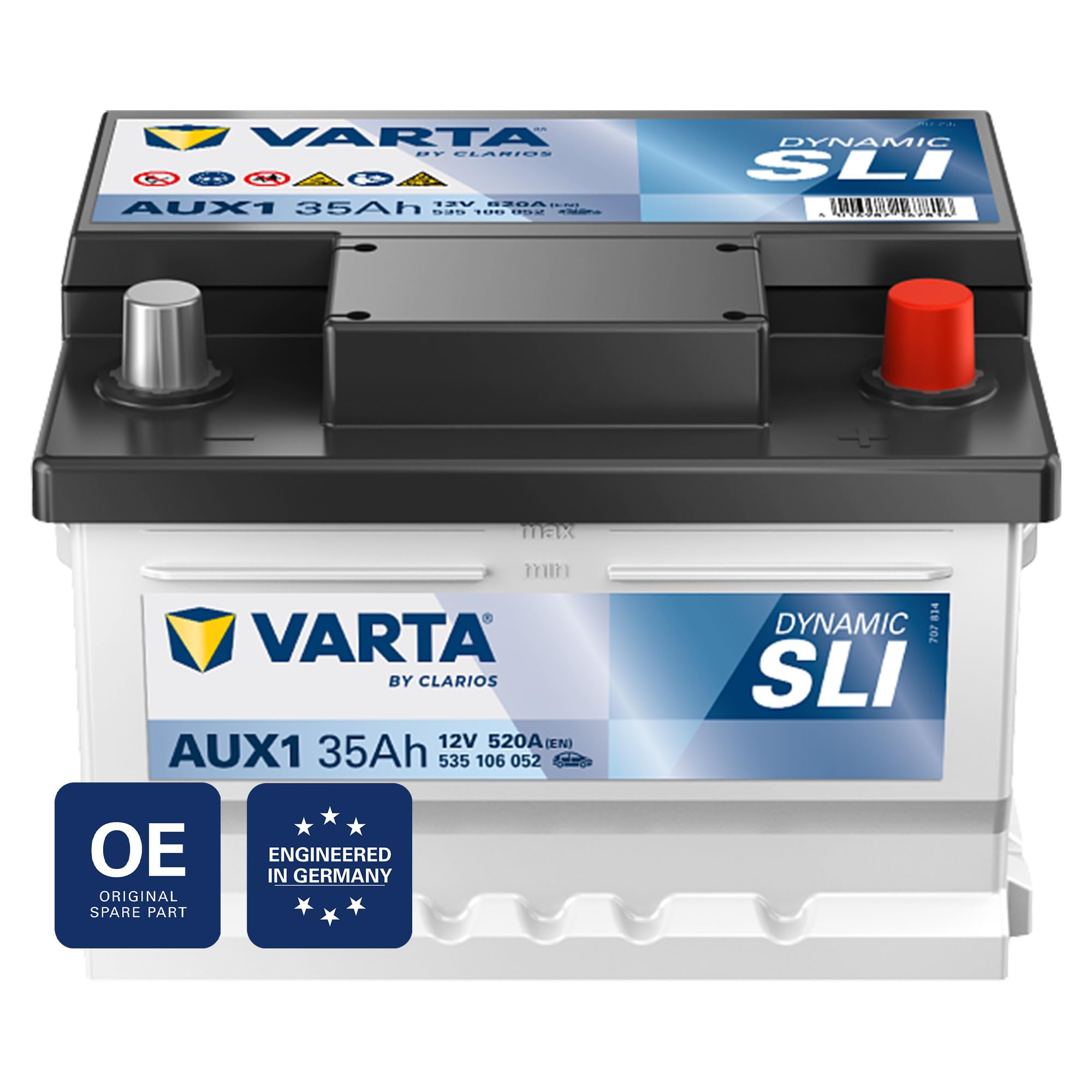 VARTA Automotive DYNAMIC SLI Auxiliary AGM (AUX1) 12V 35Ah 520A - Stützbatterie Nassbatterie für KFZ - Zusätzliche Starterbatterie für Autos mit hohem Energiebedarf - Wartungsfreie Bleisäurebatterie