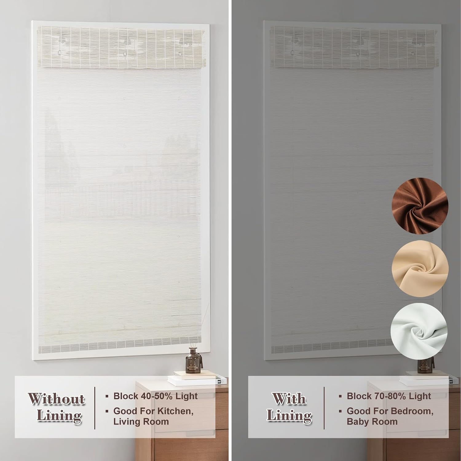 SUAKY Bamboo Roman Shades Cordless Blackout, Customer Bamboo Blinds Natural Woven Bamboo Shades with 6 Inches Valance, Natural 100% Bamboo and Linen Window Blinds for Home, Color E-E02