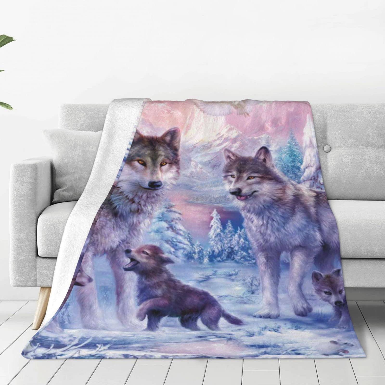 Couverture flanelle loup microfibre contre le froid du salon