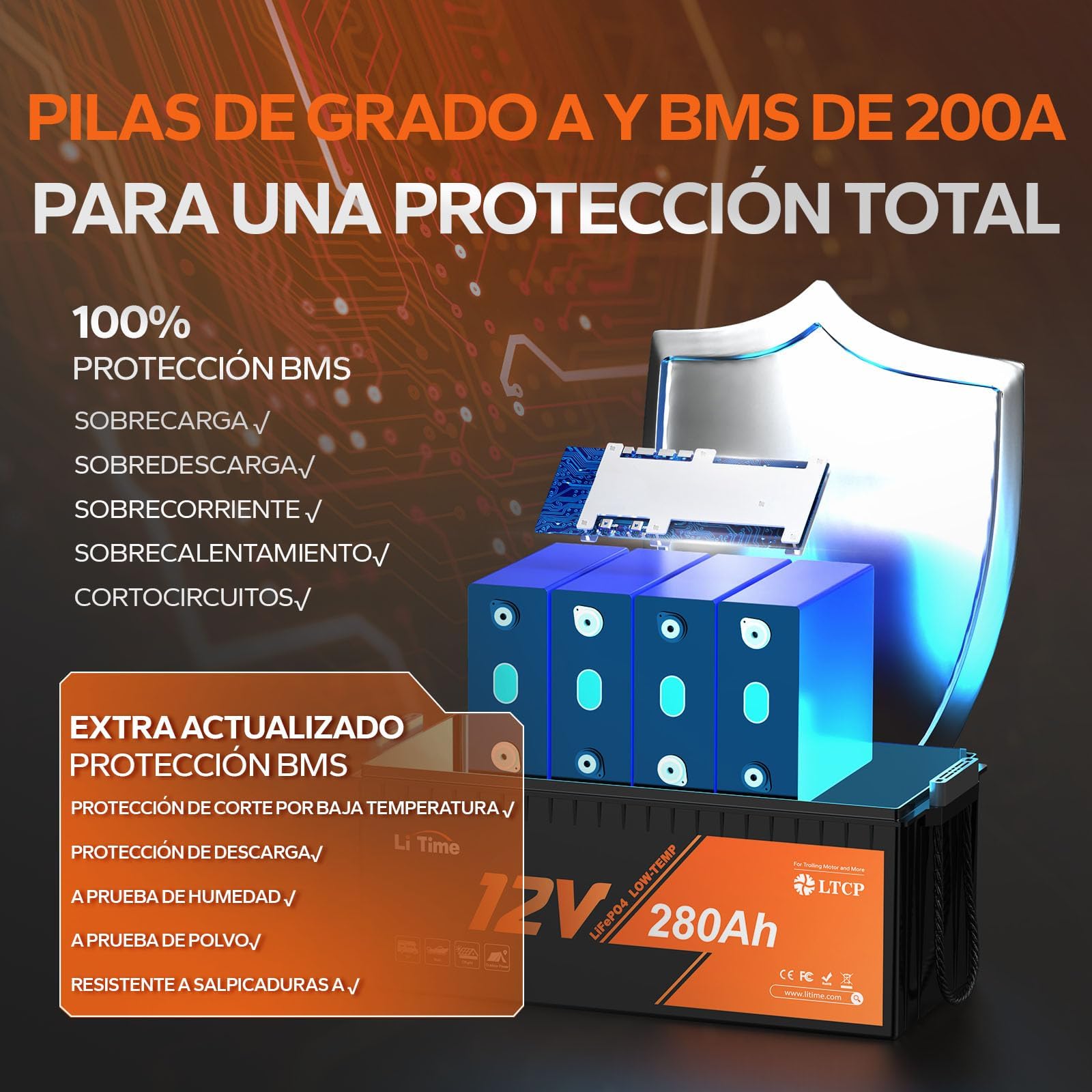 LiTime Batería Litio LiFePO4 12V 280Ah con Protección Baja Temperatura y 200A BMS, MAX 15000 Ciclos, Bateria Litio 12V 280Ah para Sistema Solar Autocaravana Camping Barco Energético Doméstico Camper