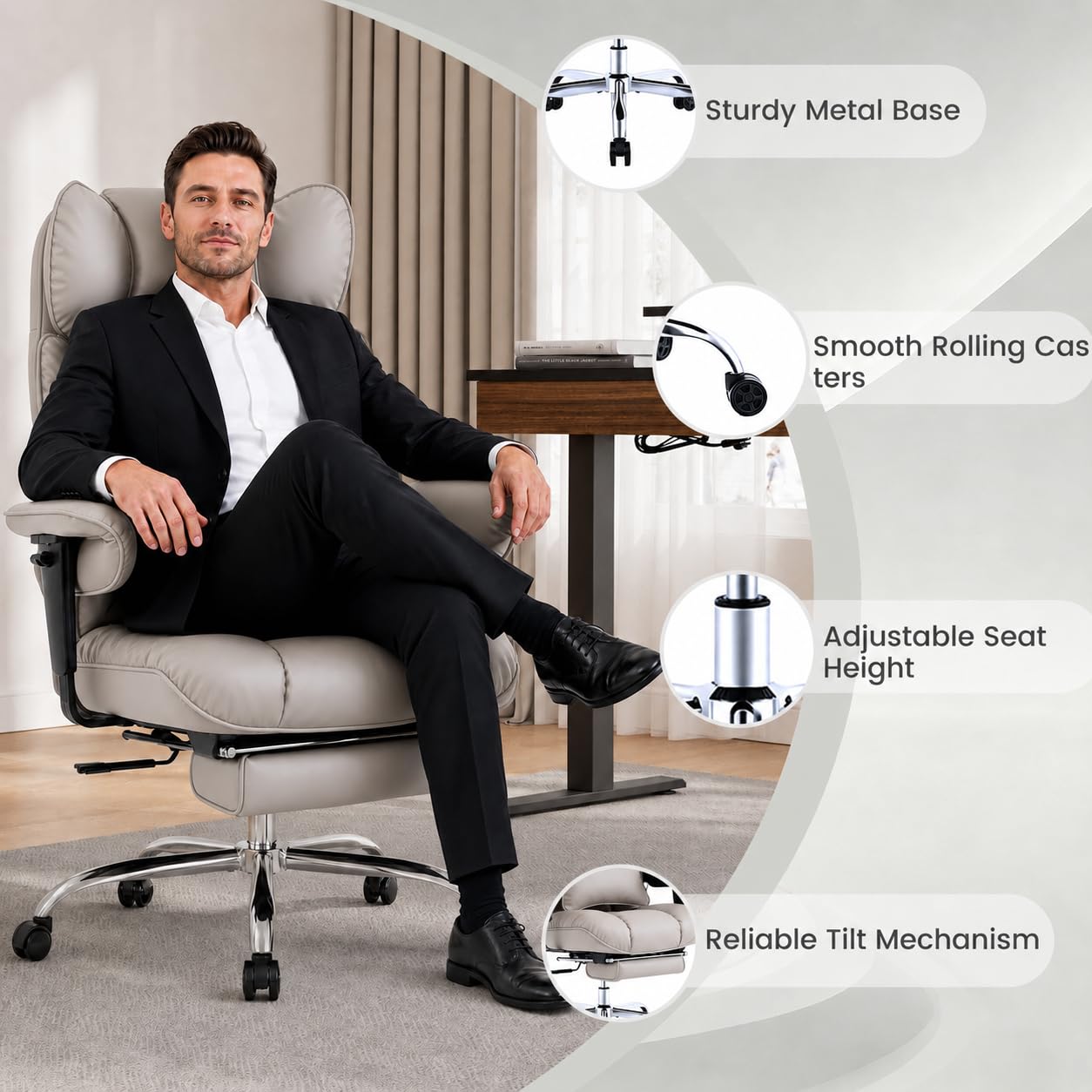 Efomao Silla de Oficina Ejecutiva con Reposapiés, Silla de Escritorio de Cuero PU con Respaldo Alto, Silla Reclinable y Giratoria con Reposabrazos Ajustables para Oficina en Casa