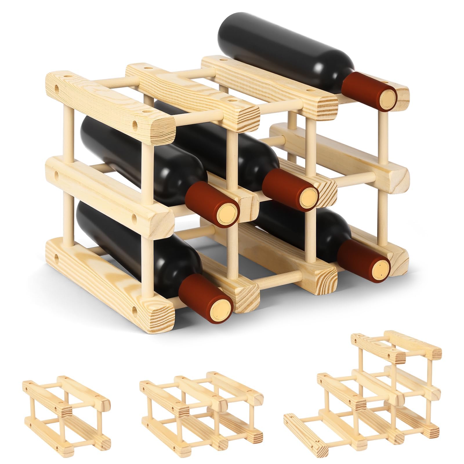 Photo 1 of **8MISSING HARDWARE***Topwill 9 Bottles Wooden Wine Rack - Modular DIY Wine Bottle Holder, Freestanding for Countertop/Floor or Fits Inside Cabinet Stackable, Space-Saving Storage for Kitchen, Bar, Pantry