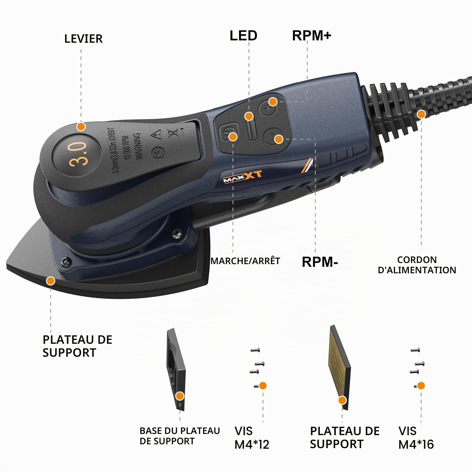 MAXXT Ponceuse Delta et Rectangle 2-en-1 sans balais 350W, 6 vitesses réglables (4000-10000 tr/min), Arrêt en 1-2 secondes, 20 feuilles abrasives incluses, Parfaite pour les angles serrés