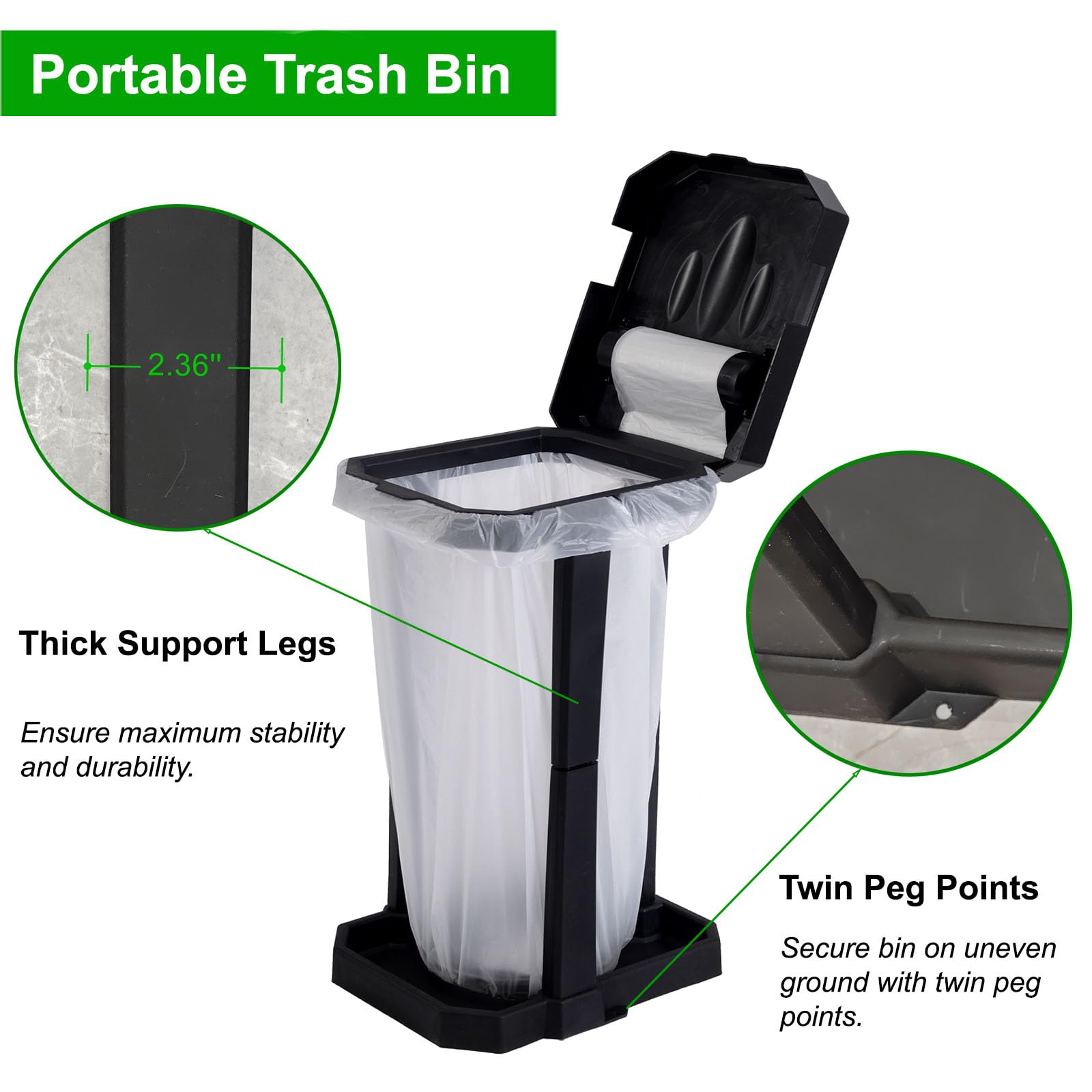 HOLAKIT Porta sacco della spazzatura pieghevole con gambe rinforzate e scomparto interno integrato, bidone della spazzatura portatile, bidone della spazzatura all'aperto con 20 sacchetti per campeggio