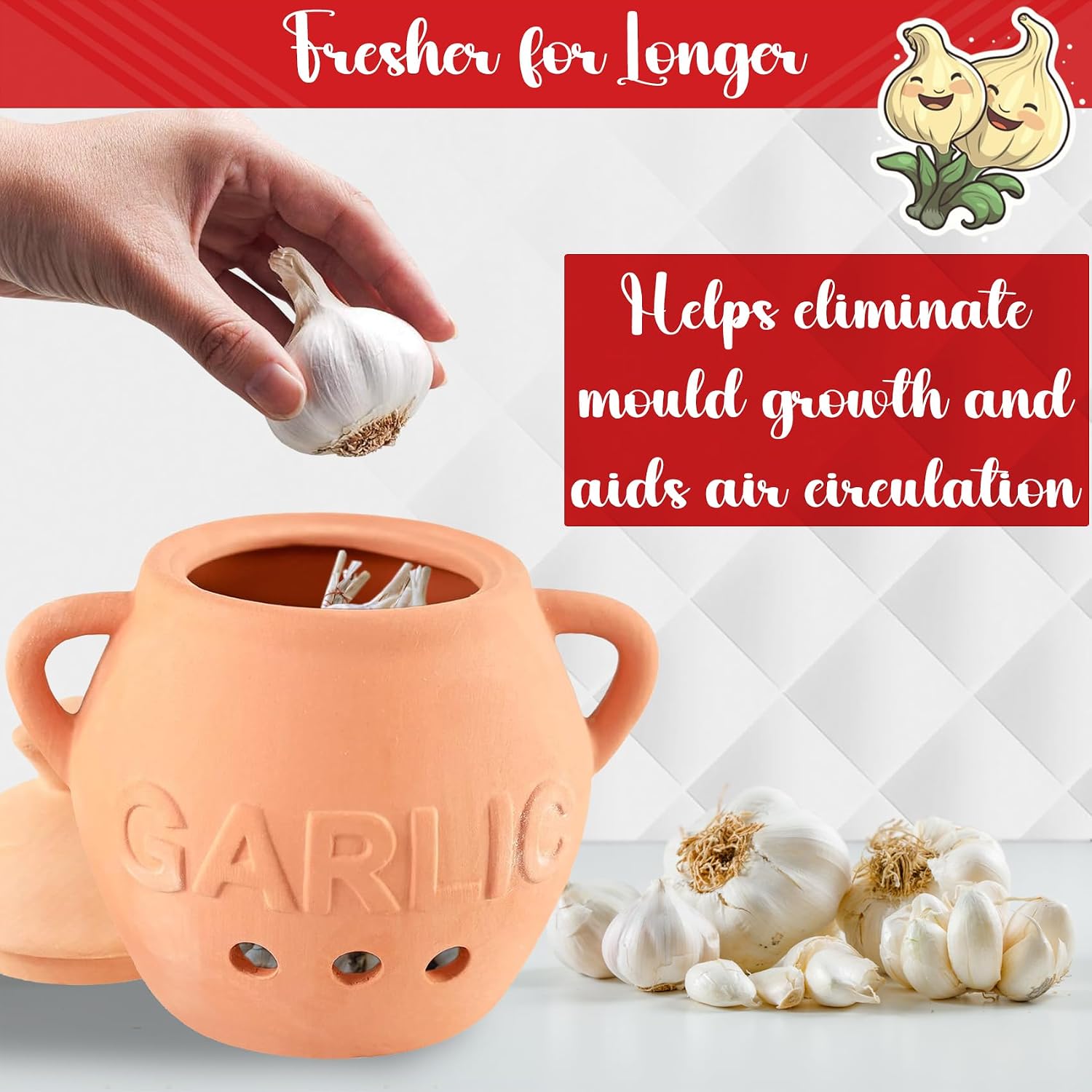 Home-X Unglazed Terracotta Garlic Keeper, Kitchen Counter Accessory, Farmhouse Storage Container with Lid, Small Storage Jar for Garlic Bulbs, 5 ¼” D x 4 ¼” H, Terra Cotta image 3