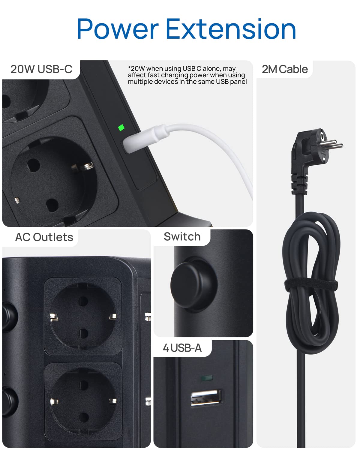 2 Porte [20W USB-C] KOOSLA Ciabatta Multipresa Verticale con 12 Prese e 2 Porte USB-C supporta QC/PD3.0 e 4 USB A, Multipresa con interruttori indipendenti ideale per tavolo, ufficio e casa,2M, Nero