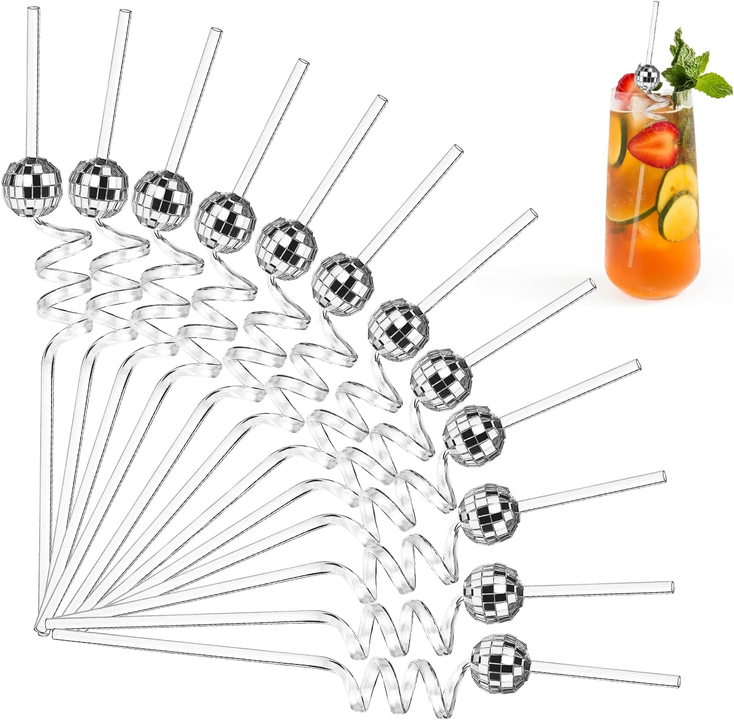 Esteopt 12Pcs Mirror Disco Ball Decorative Party Straws - Disco Theme Cocktail Straws for Wedding Birthday Party Decorations (Silver)