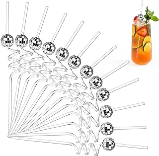 Esteopt 12Pcs Mirror Disco Ball Decorative Party Straws - Disco Theme Cocktail Straws for Wedding Birthday Party Decorations (Silver)