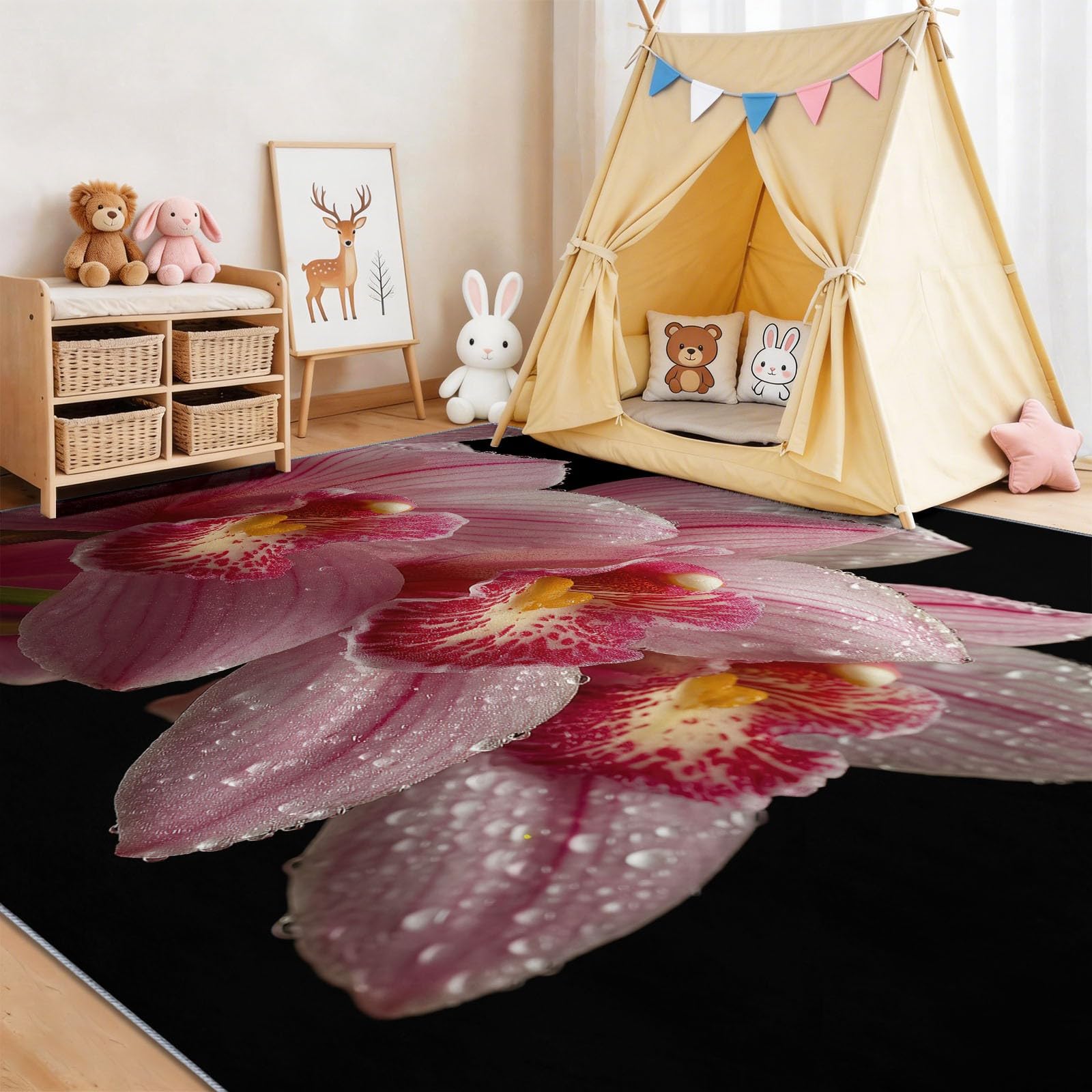 Dywan do salonu w kwiaty z krótkim włosiem - nowoczesne różowe orchidee - różowo-czerwony - 120 x 180 cm - antypoślizgowy nadaje się do odkurzacza, można prać w pralce, do sypialni