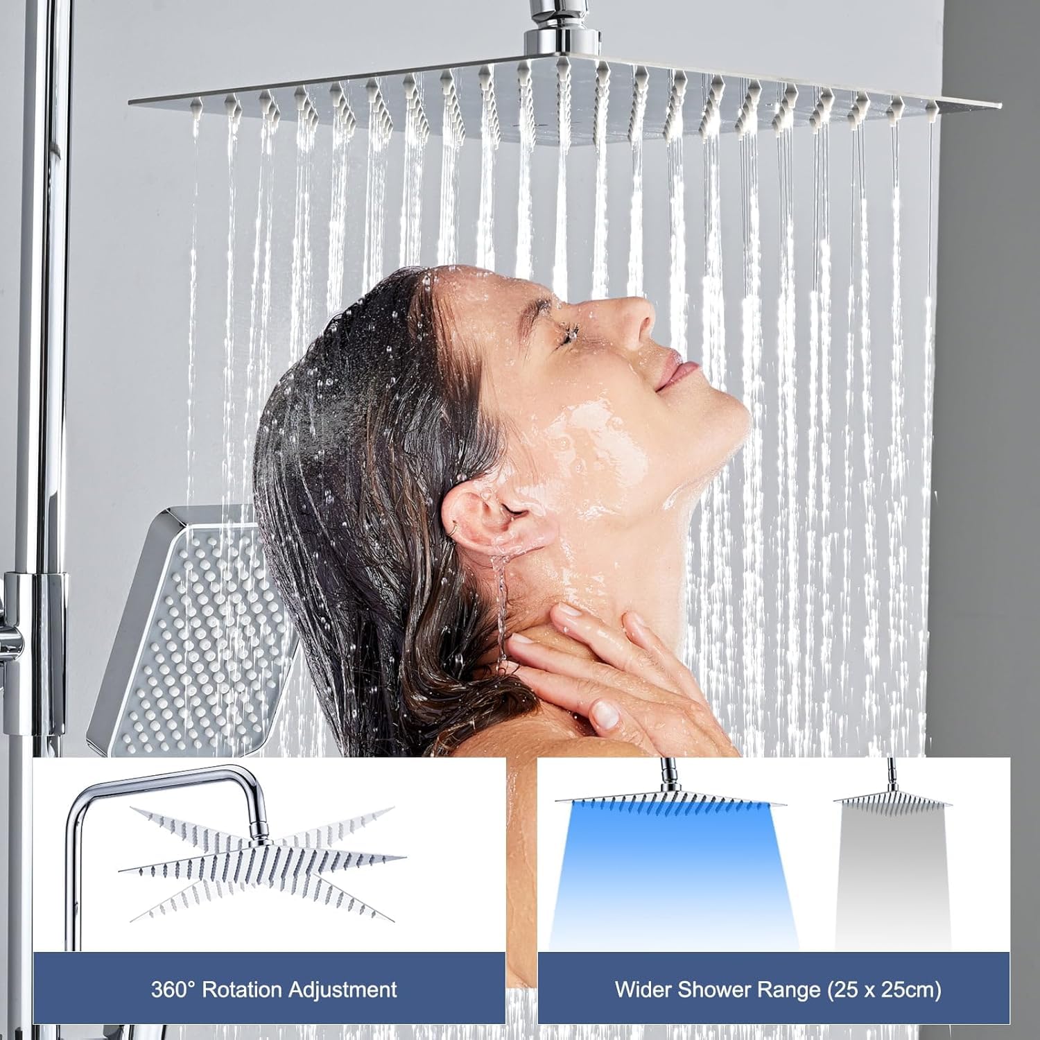 Columna Ducha Termostática, DETBOM Set de Ducha Cuadrado Acero Inox, Cabezal de Ducha de Lluvia, Barra Ducha de Altura Ajustable, Cromada