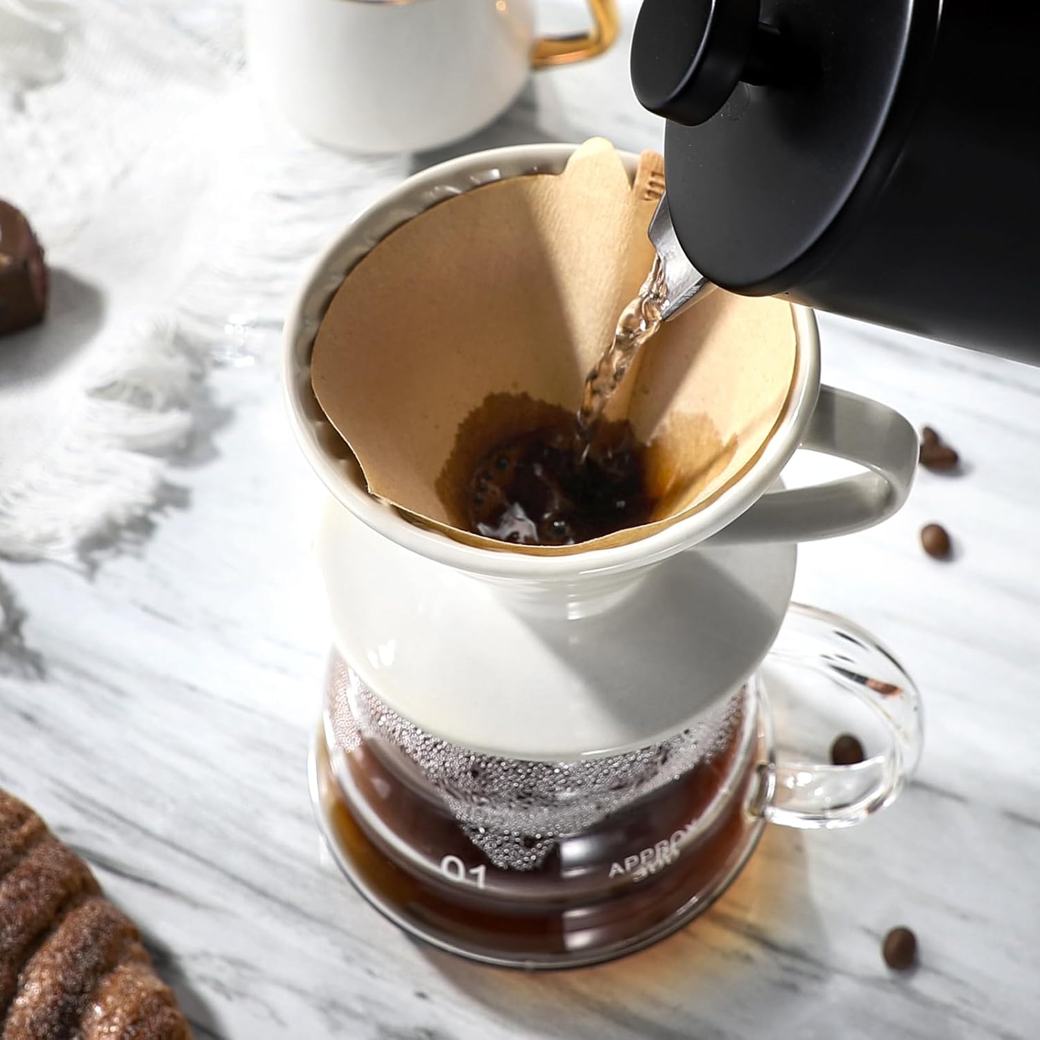 V 60 Ceramic Pour Over Coffee Dripper, Reusable Porcelain Portable Pour Over Coffee Maker With 50 V-shaped coffee filtering paper
