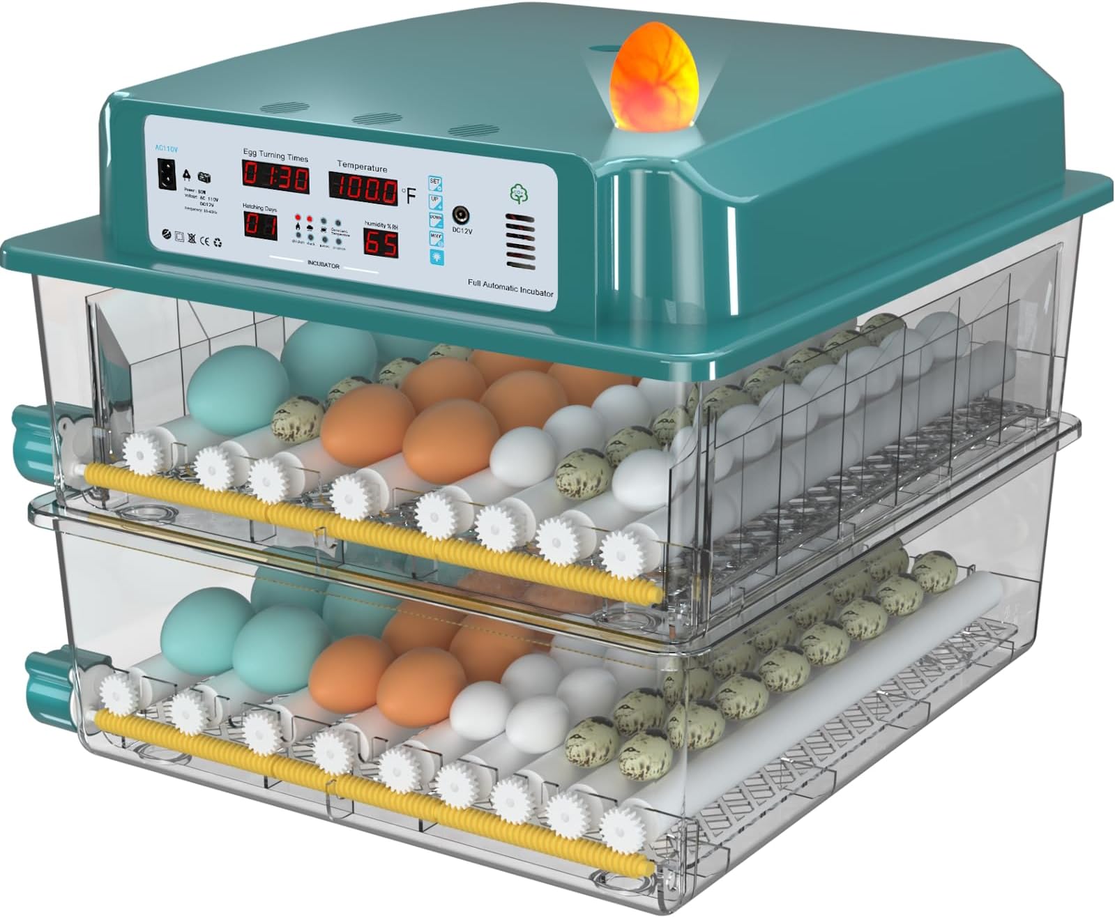 Egg Incubator, Egg Incubator with Automatic Egg Turning and Humidity Monitoring, Incubator for Chicken Eggs, 120 Eggs Incubator with Egg Candler, for Duck Eggs Quail Eggs, Record incubation day