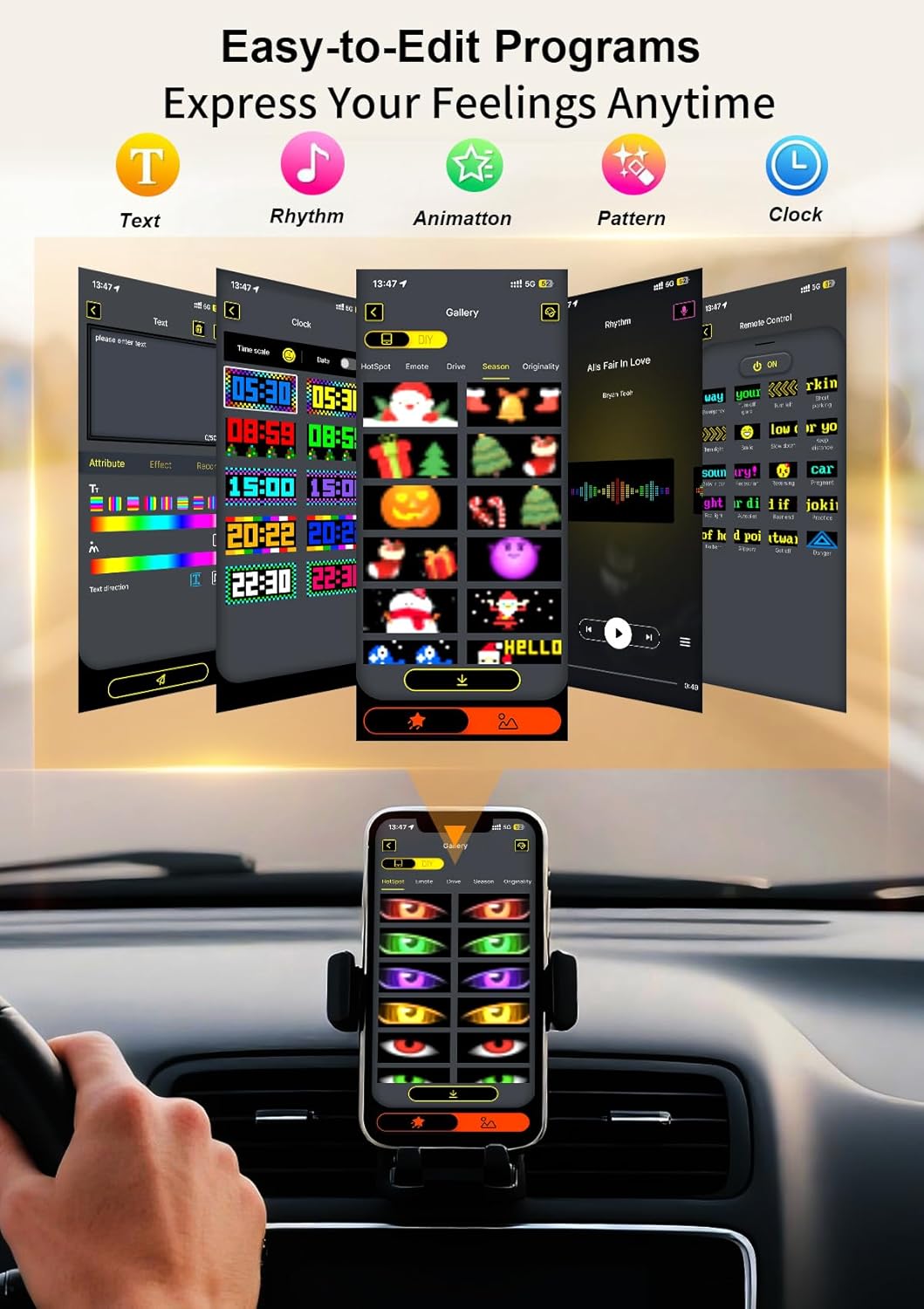 Devil Eyes Light for Windshield Car/Motorcycle/Golf Cart Programmable LED Eyes [Upgraded Chip Two Screens 100% Synchronized] 14"x4" with APP & Remote Control 5V USB Powered (1 Pcs)