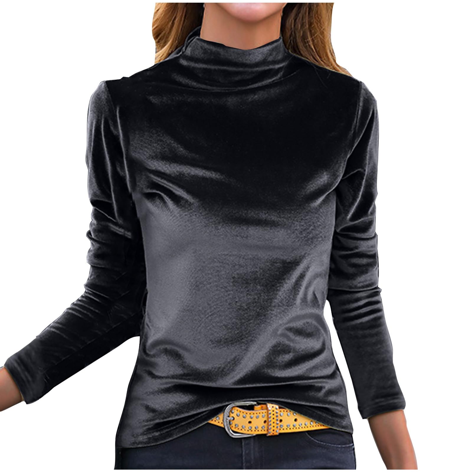 Early Cyber of Monday Womens Velvet Tops Long Sleeve Shirts Casual Blouse Turtleneck Slim Fit Tunic Top 2024 Fashion Spring Clothes Black