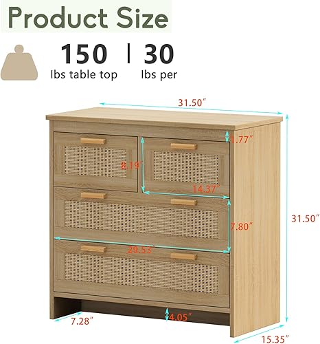Miniatura 2 de Cómoda de ratán con 4 cajones, moderna mesita de noche de madera natural con mango de metal, cómoda bohemia de granja con cajones para dormitorio,