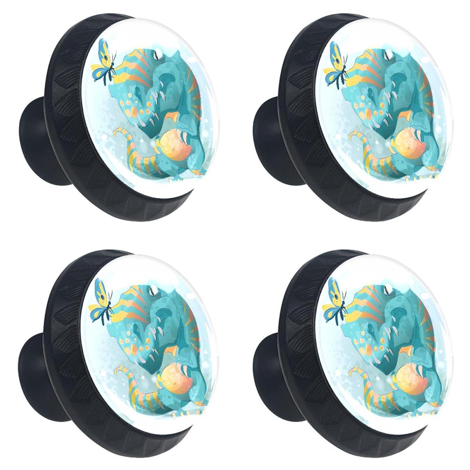 Boutons de tiroir dinosaure en verre poignée meuble enfant multicolore x4