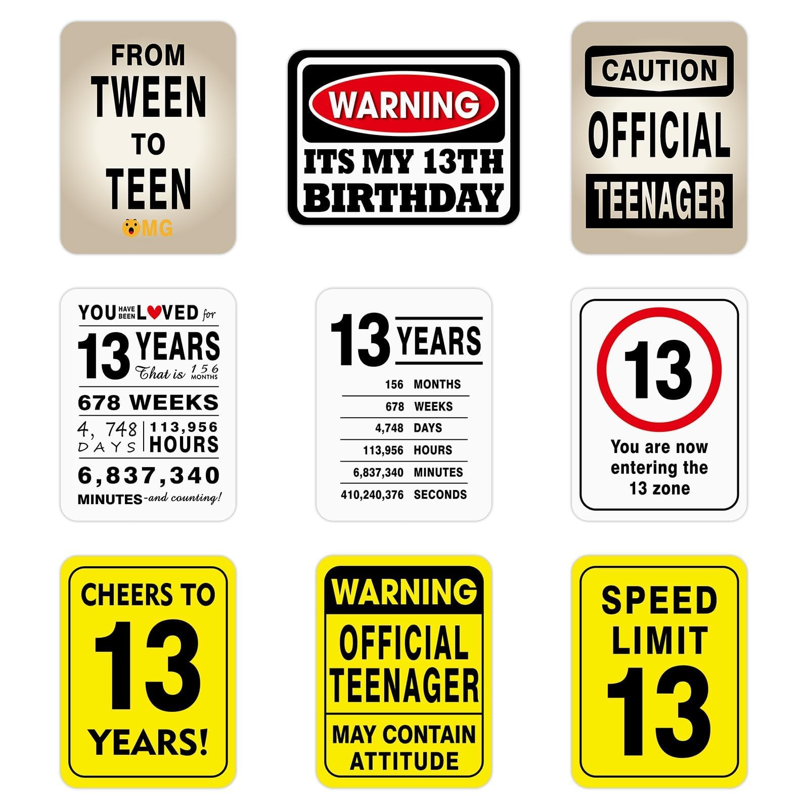 Photo 1 of * factory sealed **WERNNSAI 13th Birthday Party Decorations - 9PCS Wall Signs Funny Tags for Teenagers 13 Year Old Party Decor Yellow Caution Logos on Door Windows Yard Garden Banner Party Supplies Picture Props