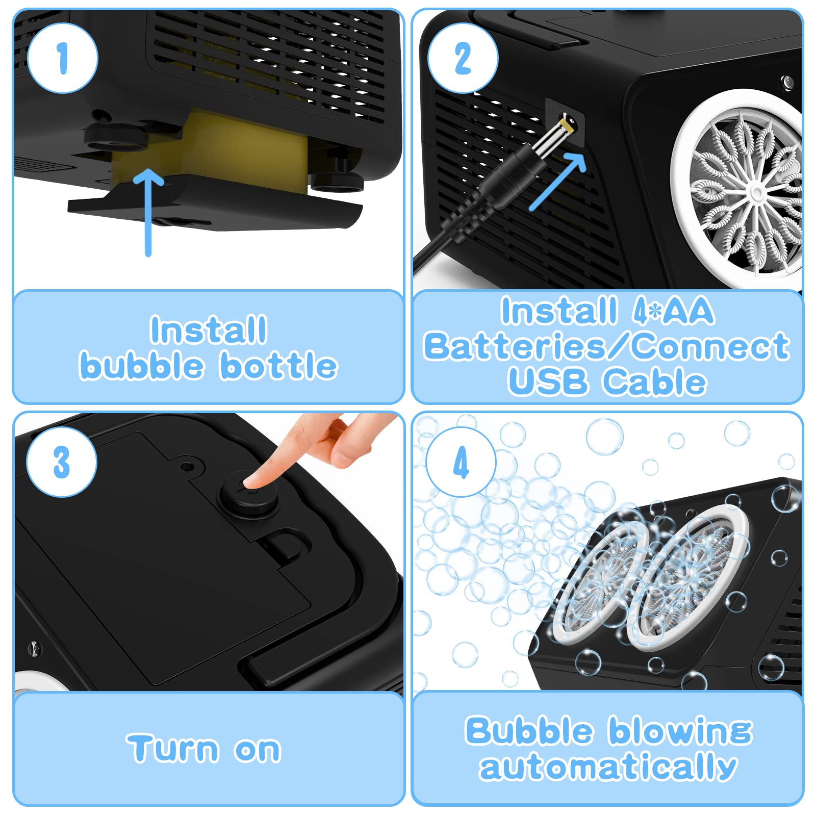 PANACARE 2.0 Máquina automática de pompas de jabón, portátil Bubble Machine 20000+ burbujas/min con agua de burbujas, 26 agujeros, regalo para niños, bodas, cumpleaños, escenarios, fiestas (negro 553)