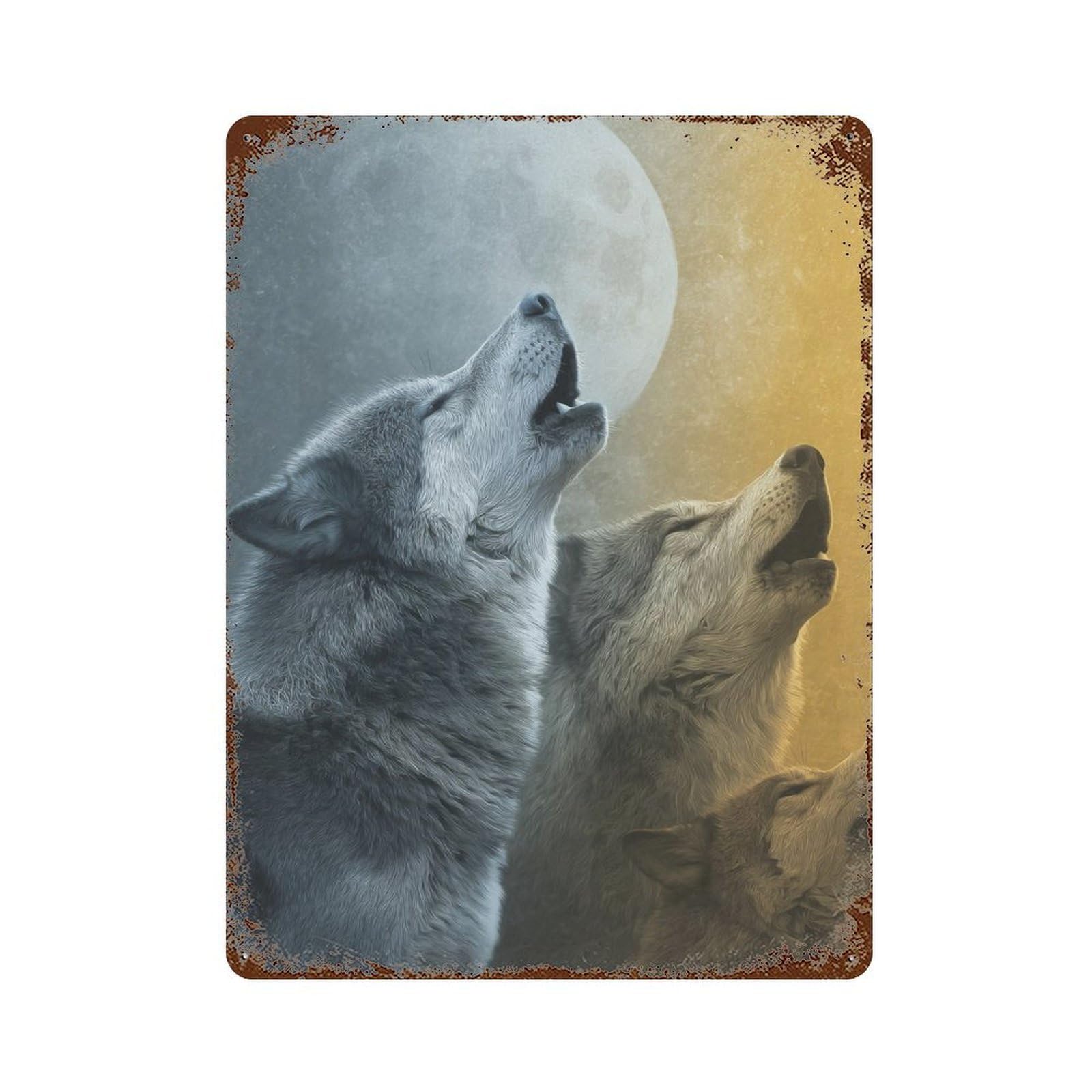 Wolves Howling at Moon Retro Metal Sign 15.7"x11.8", Decorative Metal Wall Art for Basement, Hobby Room And Garage Decor