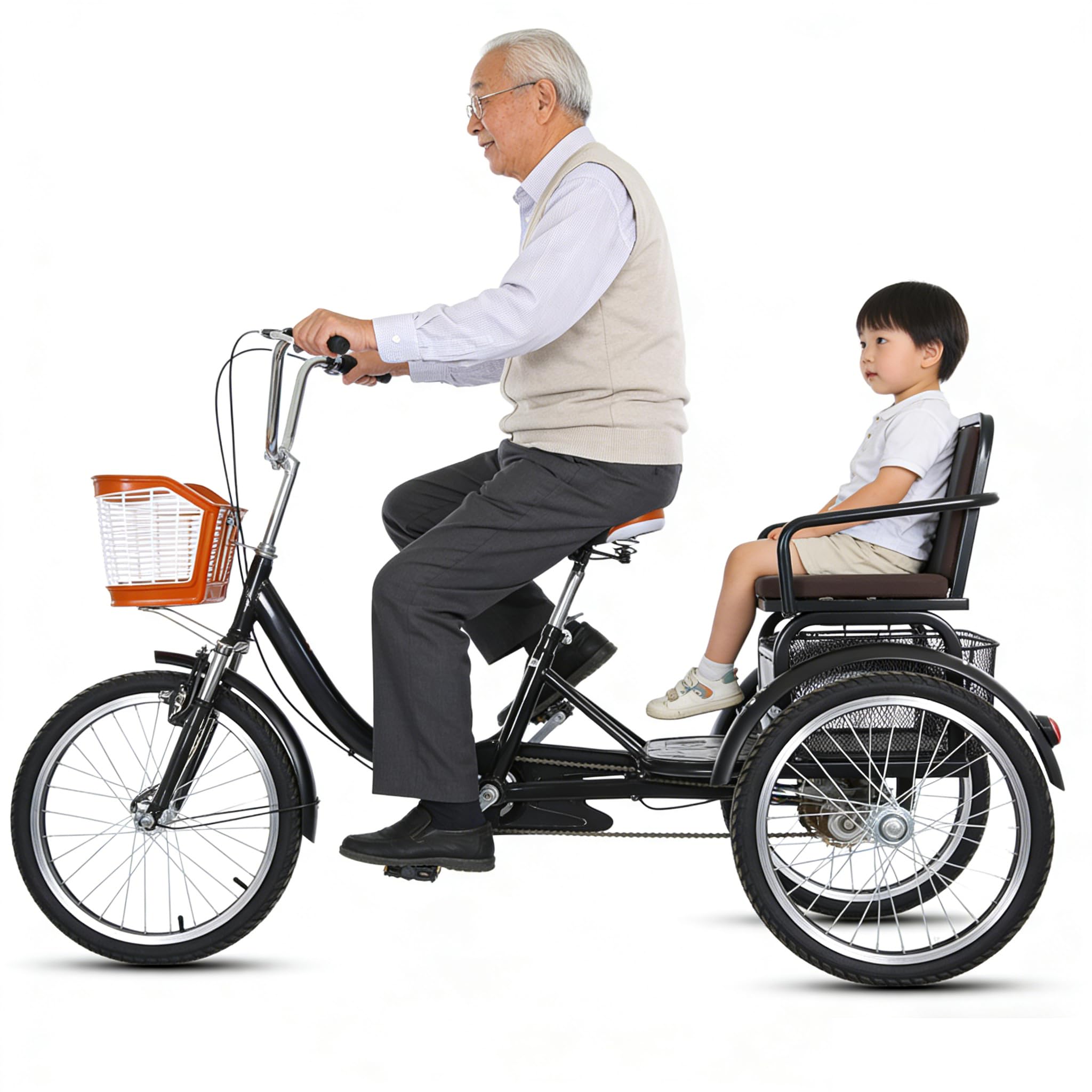 Tricycle à pédales 3 Roues pour Adultes (20 Pouces), Double chaîne, Double Frein, Tandem Parent-Enfant avec Panier arrière, Beige, idéal pour Les Loisirs, Le Shopping et Les Pique-niques.
