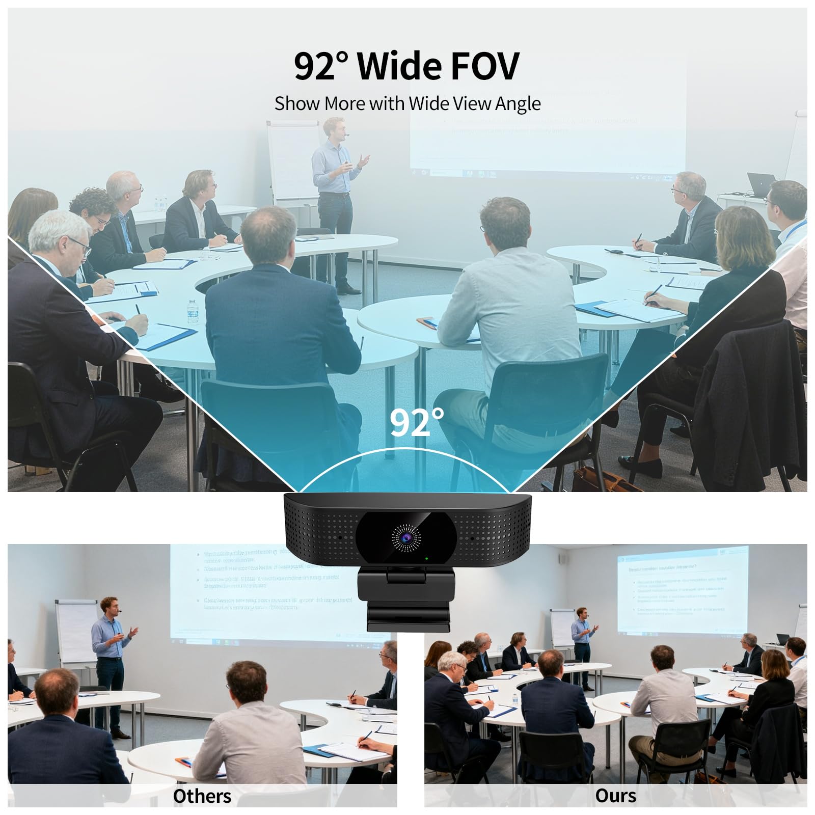 Webcam wireless 1080P per PC, webcam con microfono che riduce il rumore, FOV 92°, rotazione a 360°, plug and play, fotocamera wireless funziona con Skype, zoom per conferenze, videochiamate (senza