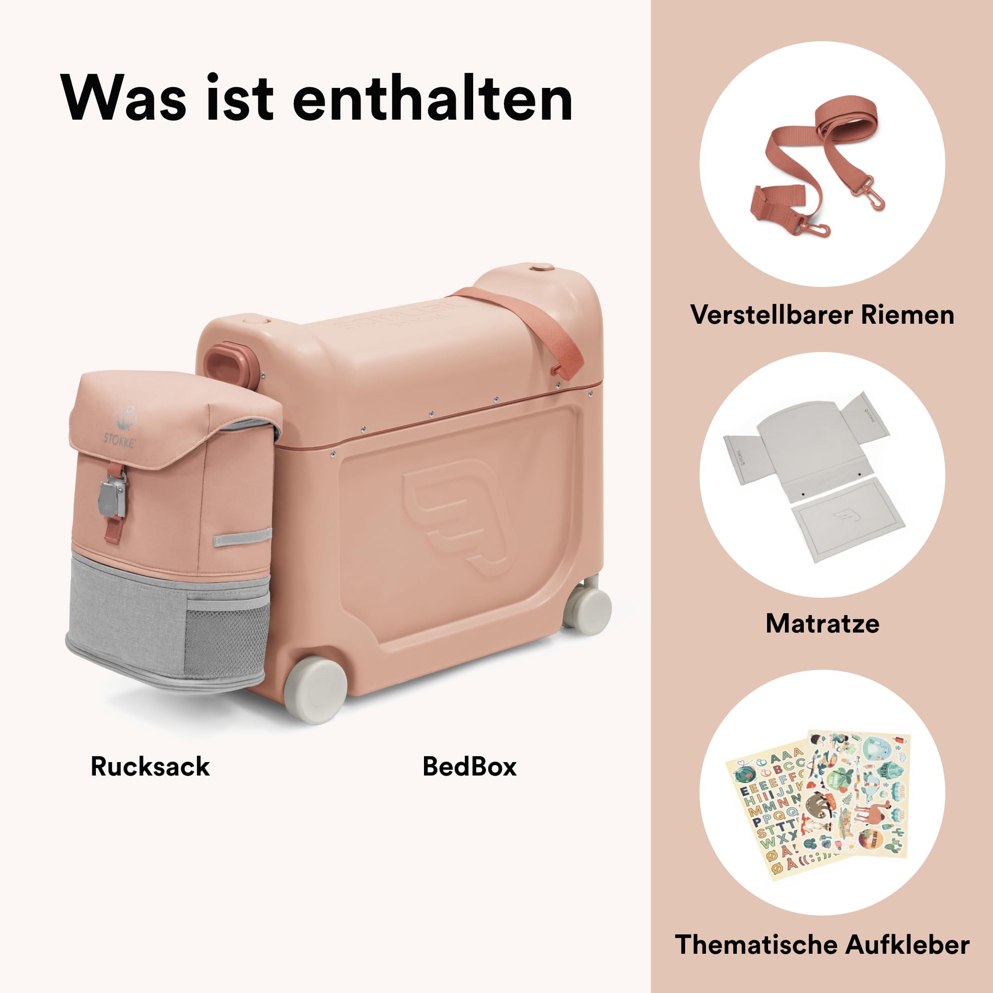 Stokke JetKids Travel Bundle, Coral Pink - Enthält den BedBox Aufsitzkoffer & das Backpack - Ideal für Kinder von 2-7 Jahren (bis 35 kg)
