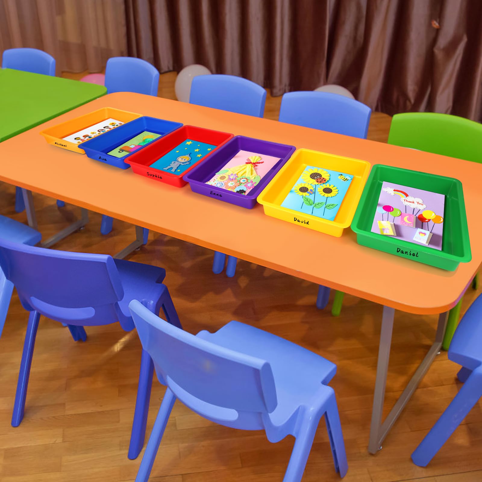 ShineMe Bandejas de plástico para aula, paquete de 6 contenedores coloridos para el aula, bandejas planas gruesas y resistentes para organización y almacenamiento en el aula