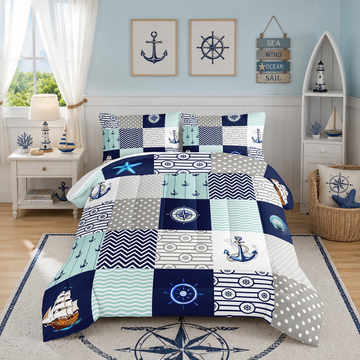 Couette bleu marine sur le thème de l'océan avec motif ancre et voilier pour lit enfant et adulte