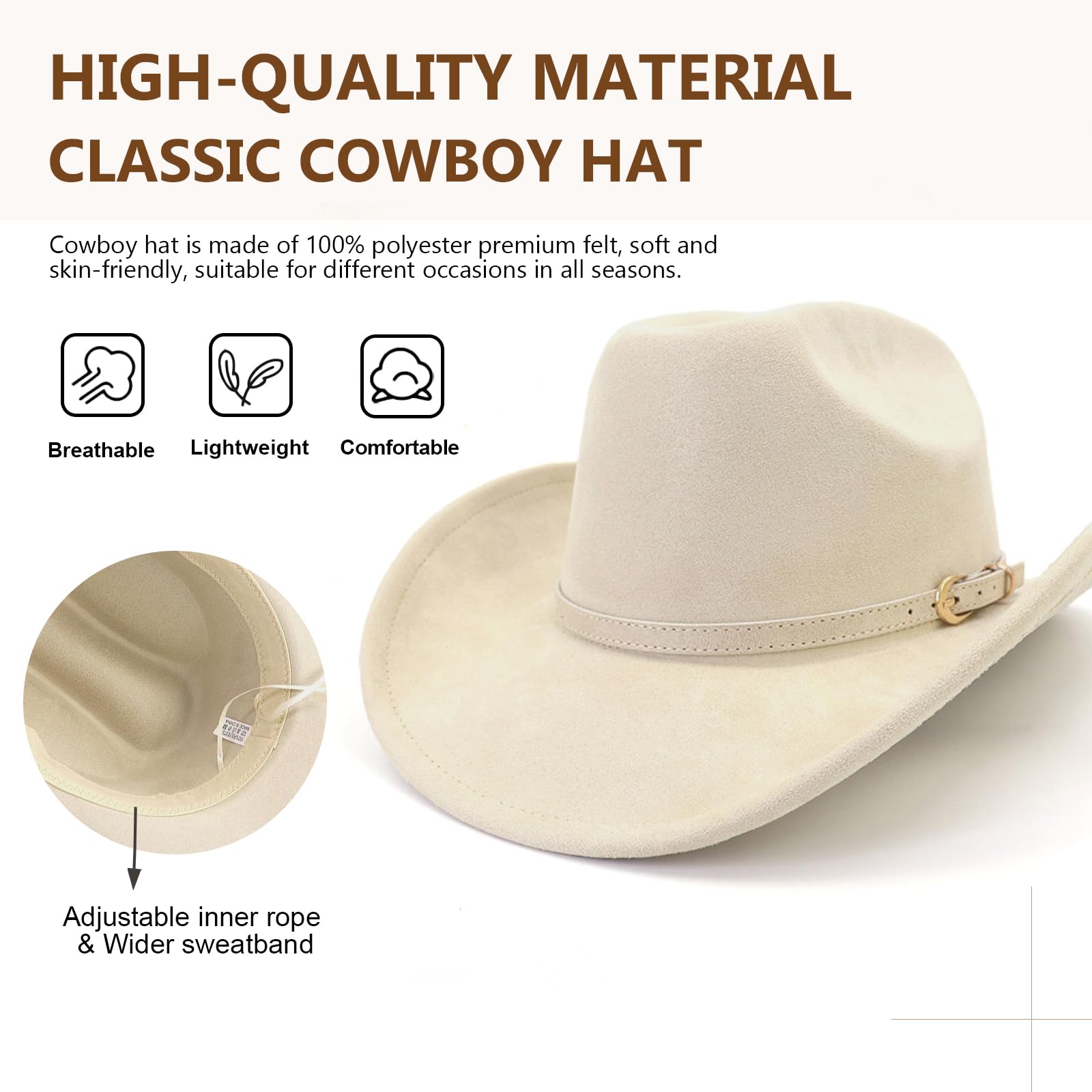 JOTDEW Cowboy Hat Cowgirl Hat Men's & Women's Wide Brim Felt Fedora Hat with Buckle Belt Western Cowboy Hat TS C181 Beige