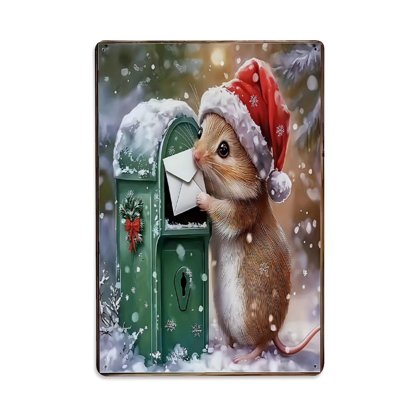Jdyaojiesheng Vintage Christmas Mouse Mailbox Snowflake Winter Tin Sign Retro Metal Wall Decor Metal Poster, Home Bar Garage Farmhouse Cafe Wall Art Decoration 8X12inches