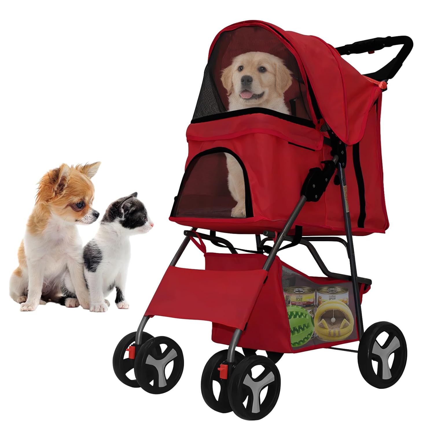 Pet Stroller 4 Wheels Dog Cat Stroller for Medium Small Dogs Cats, Folding Cat Jogger Stroller with Storage Basket & Breathable Mesh, Easy to Walk Travel Carrier
