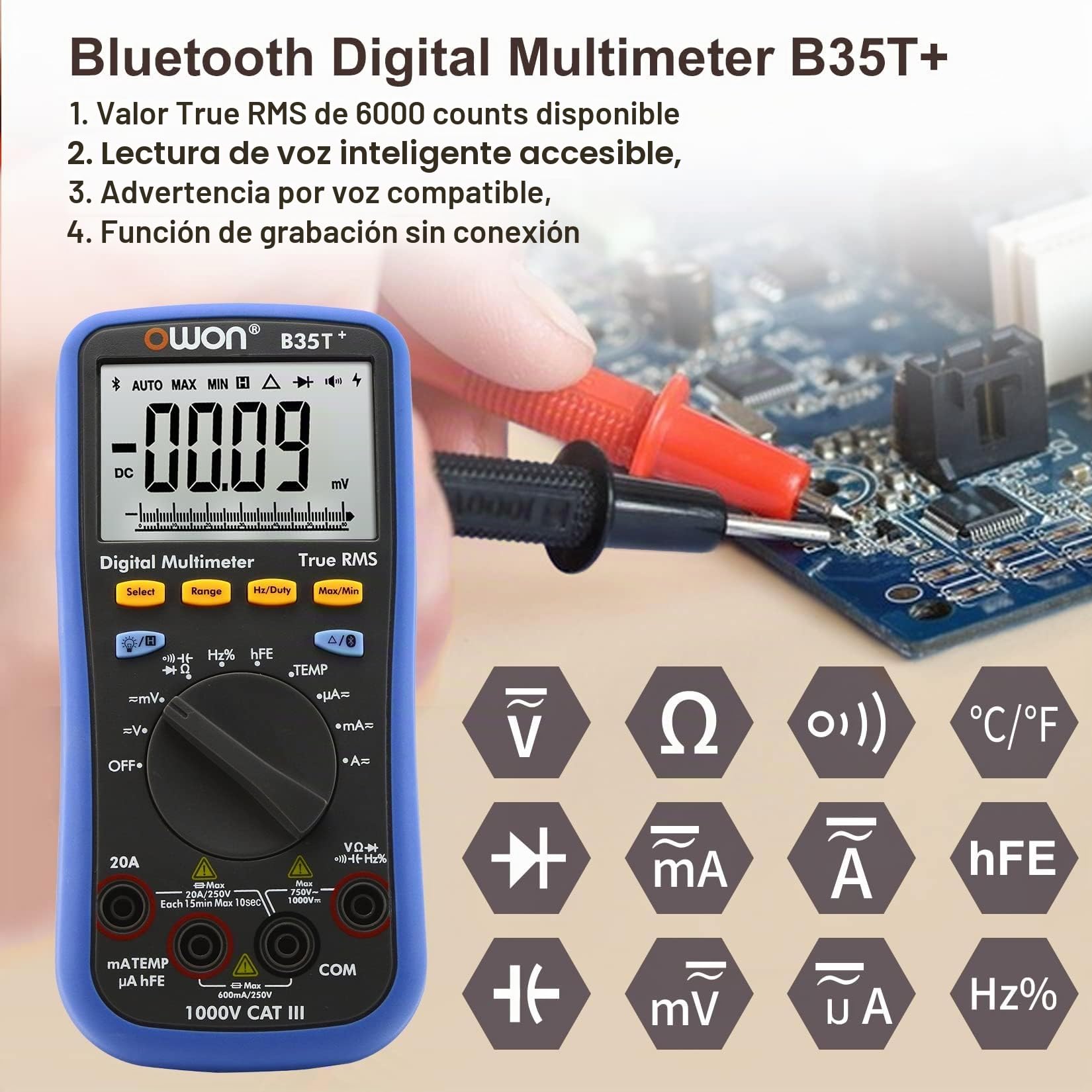 OWON B35T+ Multímetro Digital 6000 Count Auto Range Digital True RMS Multímetro Inteligente con Bluetooth 4.0 (Android e iOS) y Función de Grabación de Datos Sin Conexión Tester Electricista