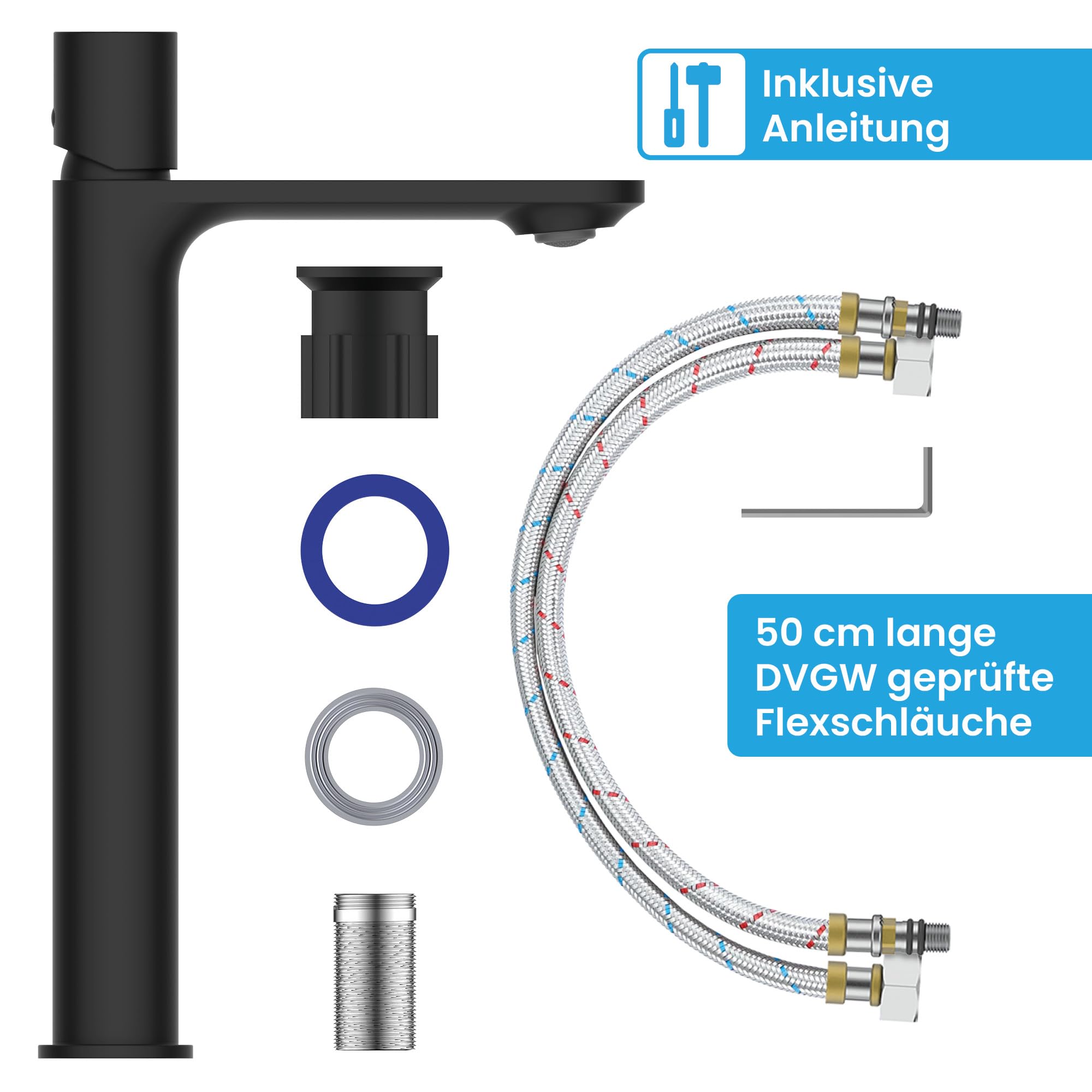 Bächlein Badarmatur Isaya hoch in modernem Design, extra hoher Einhebelmischer mit langlebiger Keramikkartusche und Montage-Set, Bad Wasserhahn Schwarz Matt