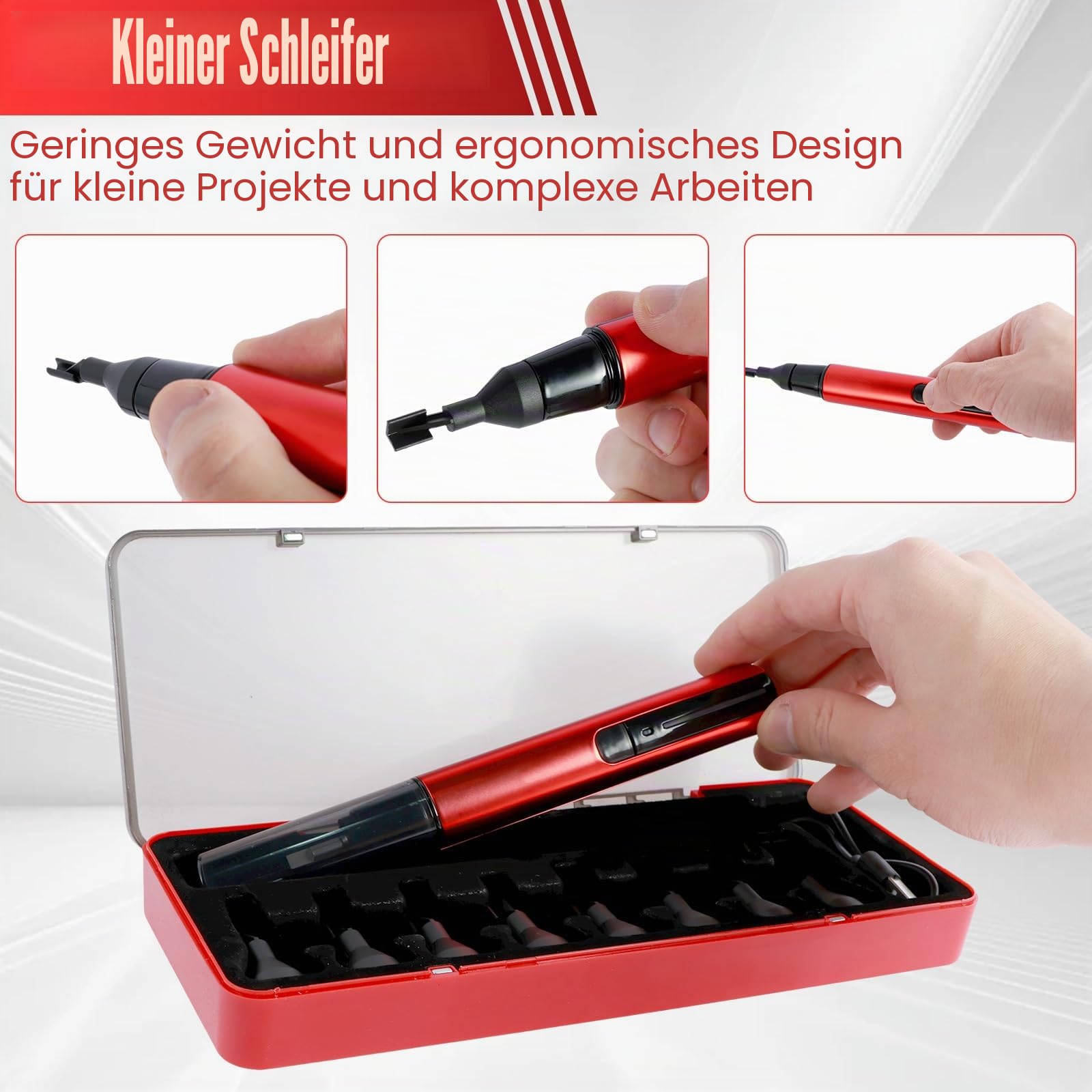 Säbelschleifer mit 8 Schleifkopf 12 Sandpapier Reziprokschleifer mit 3 Gang Verstellung 10 Funktionskontrollleuchten USB Aufladung Mini Stiftschleifer für DIY Kleine Schleifarbeiten