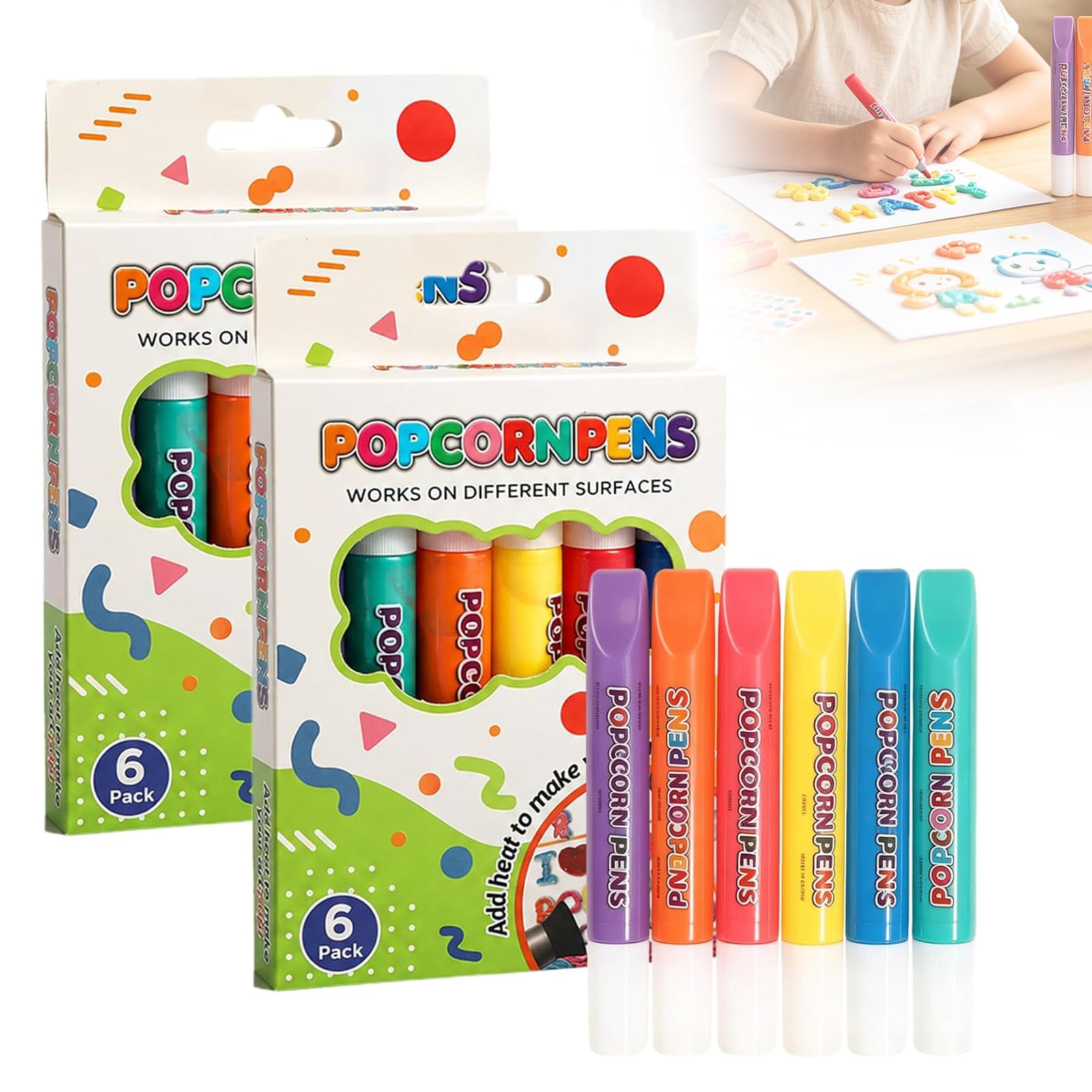 Eznaobo 3D Magic Popcorn Drawing Pens,6Pcs Heat Activated Puffy Paint Pens, Bubble Popcorn DIY Art Set, Non-Toxic & Low-Odor, Works on Paper/Fabric/Wood, Creative Craft Gift for Kids Ages 6+