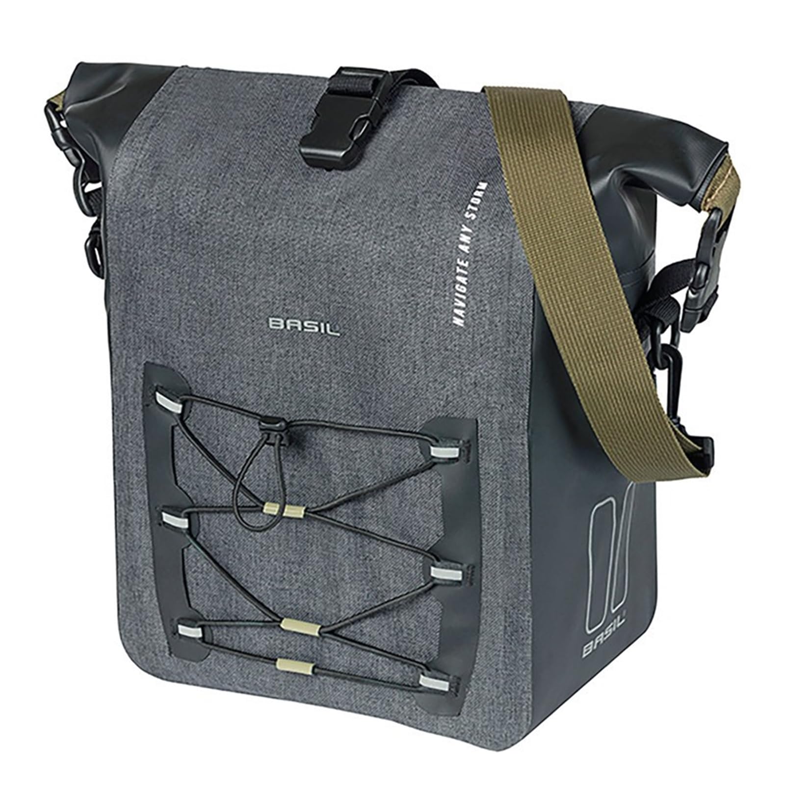 Basil Bicycle Single Bag M MIK Hooks - 12-15L - Tarpaulin/Polyester - Waterproof IPX3 - Rolltop Closure - Compression Front Pocket - Reflective - Removable Shoulder Strap - Black