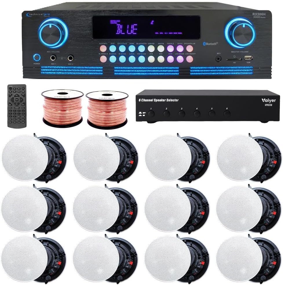 Vaiyer Home Theater Sound System Kit - 2000 W Bluetooth Amplifier w/ 12 Qty of 5.25" Frameless Ceiling Speakers 175 W Each, 6-Ch Speaker Selector, 500 ft Speaker Wire & Remote for Home, Restaurant