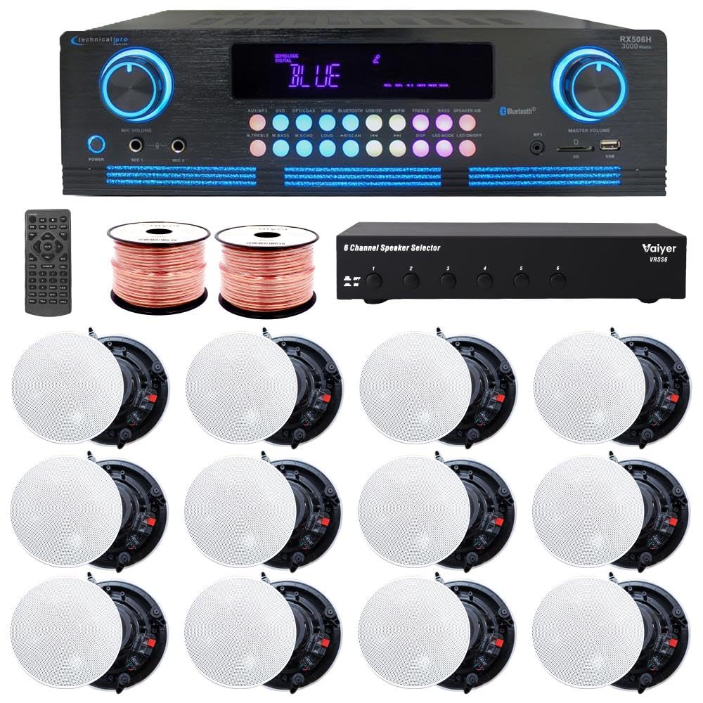 Vaiyer Home Theater Sound System Kit - 2000 W Bluetooth Amplifier w/ 12 Qty of 5.25" Frameless Ceiling Speakers 175 W Each, 6-Ch Speaker Selector, 500 ft Speaker Wire & Remote for Home, Restaurant