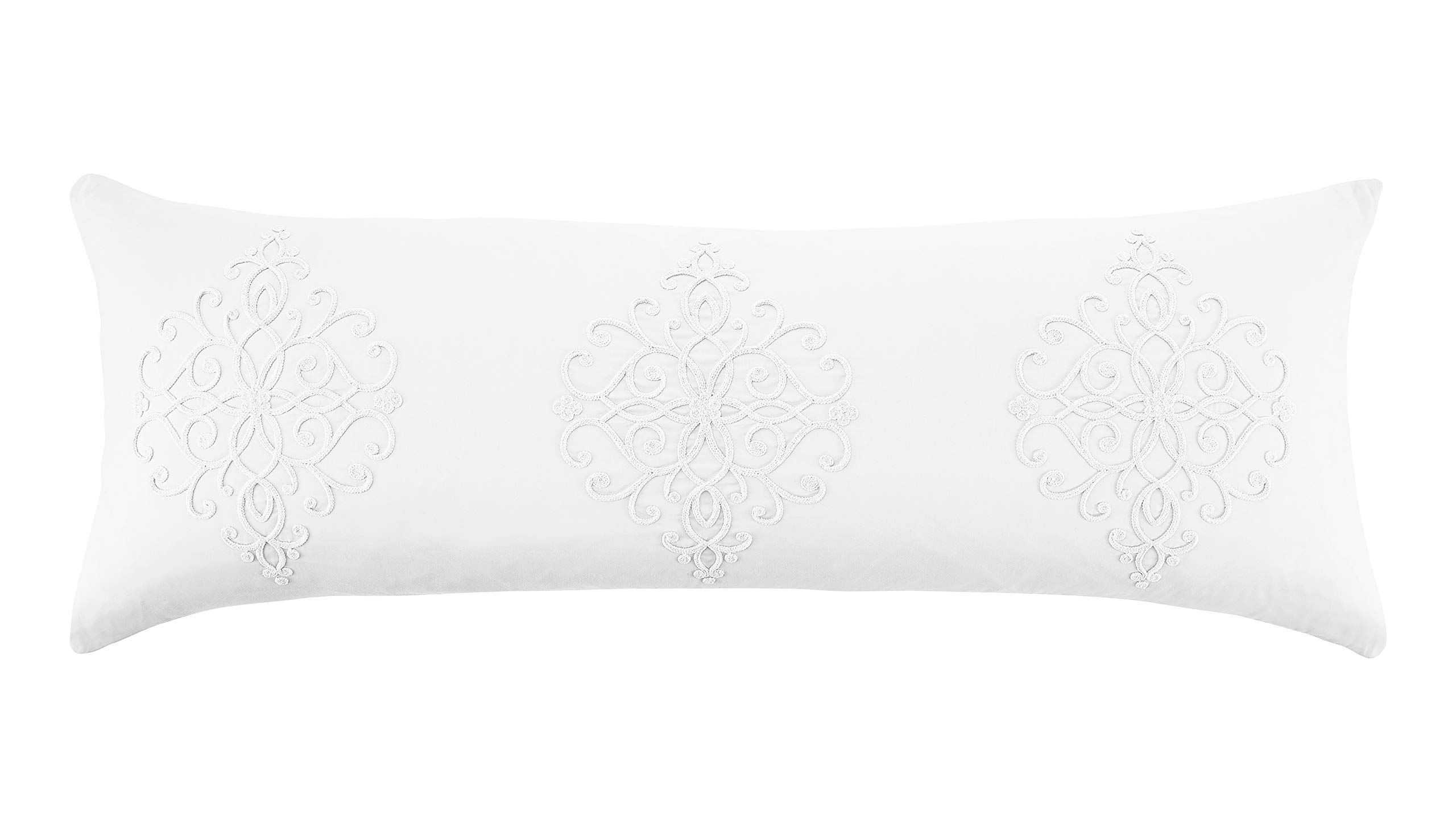 Sweet Jojo Designs White Boho Bohemian Body Pillow Case Cover (Pillow Not Included) - Solid Color Shabby Chic Princess Luxurious Luxury Elegant Vintage Designer Boutique Victorian Cotton Embroidered