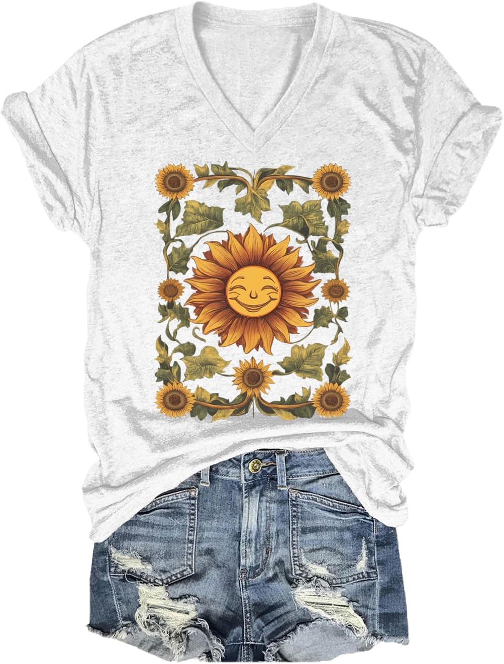Sunflower Shirts for Women Graphic Tees Boho Floral Wildflowers Vintage Flowers Tees V Neck Cute Summer Tops