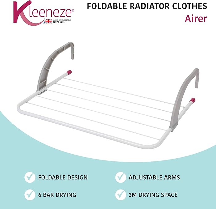 Kleeneze KL027535EU Radiator Clothes Airer - Foldable 6 Bar Drying Rack with Adjustable Arms, Balcony Laundry Airer, Space Saving Towel Rack, Ideal for Radiators, Baths and Doors, 3M Drying Space : Amazon.co.uk: Home & Kitchen