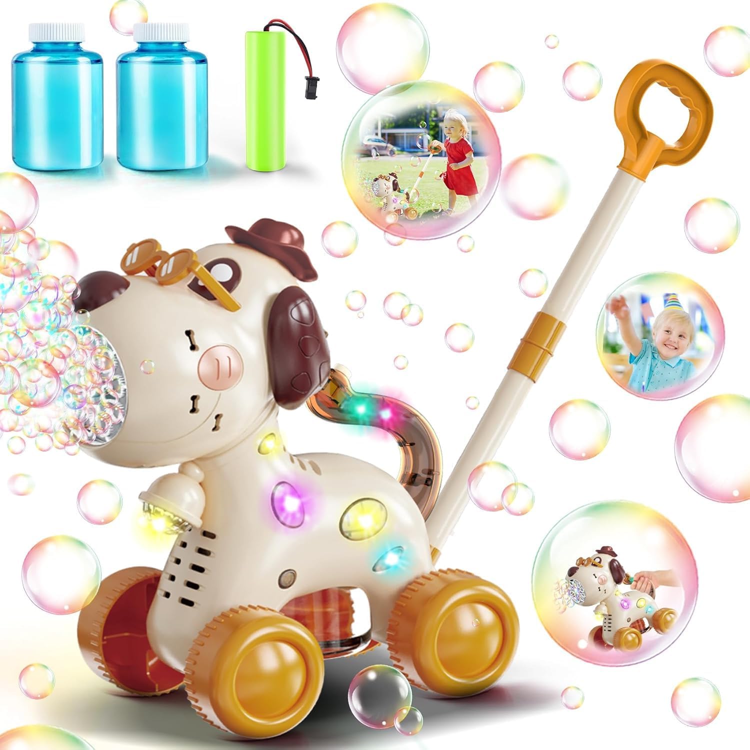 Giraffe Automatic Bubble Machine For Kids — Push & Handheld Modes, Rechargeable, Flashing Lights, Great Outdoor Toy For Ages 3-6