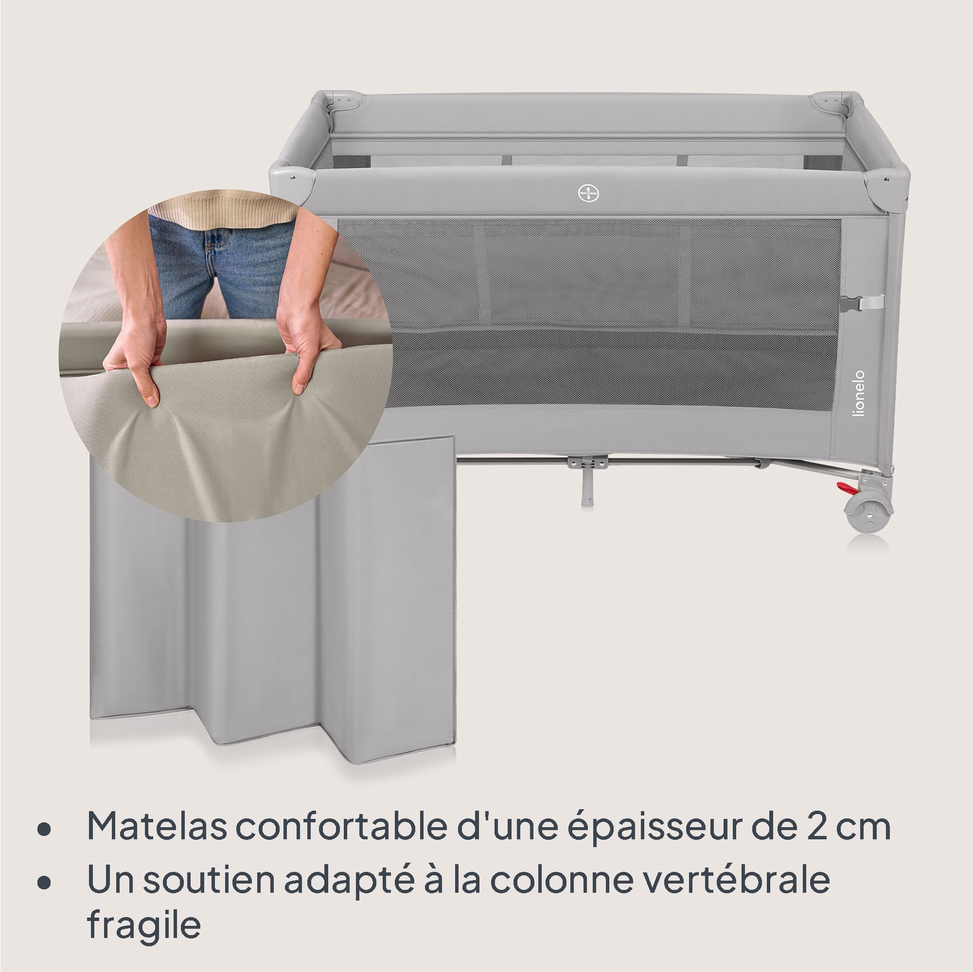 LIONELO ELLEN Lit de Voyage 3 en 1 Cododo 0-3 Ans 15 kg 2 Hauteurs Matelas Gris