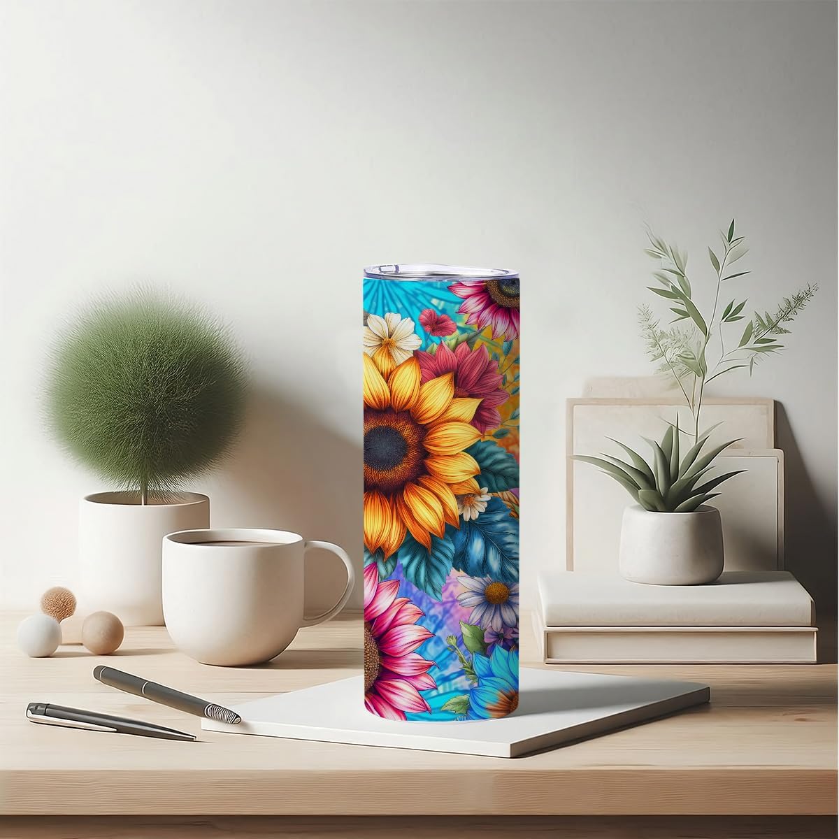 Sunflowers 20 oz Skinny Tumbler Stainless Steel Slim Insulated Tumblers Straight Tumbler Cups Coffee Mug Thermal Travel Cup with Lid, Christmas Birthday Sunflower Gifts for Women Bestie Coworker - Image 3