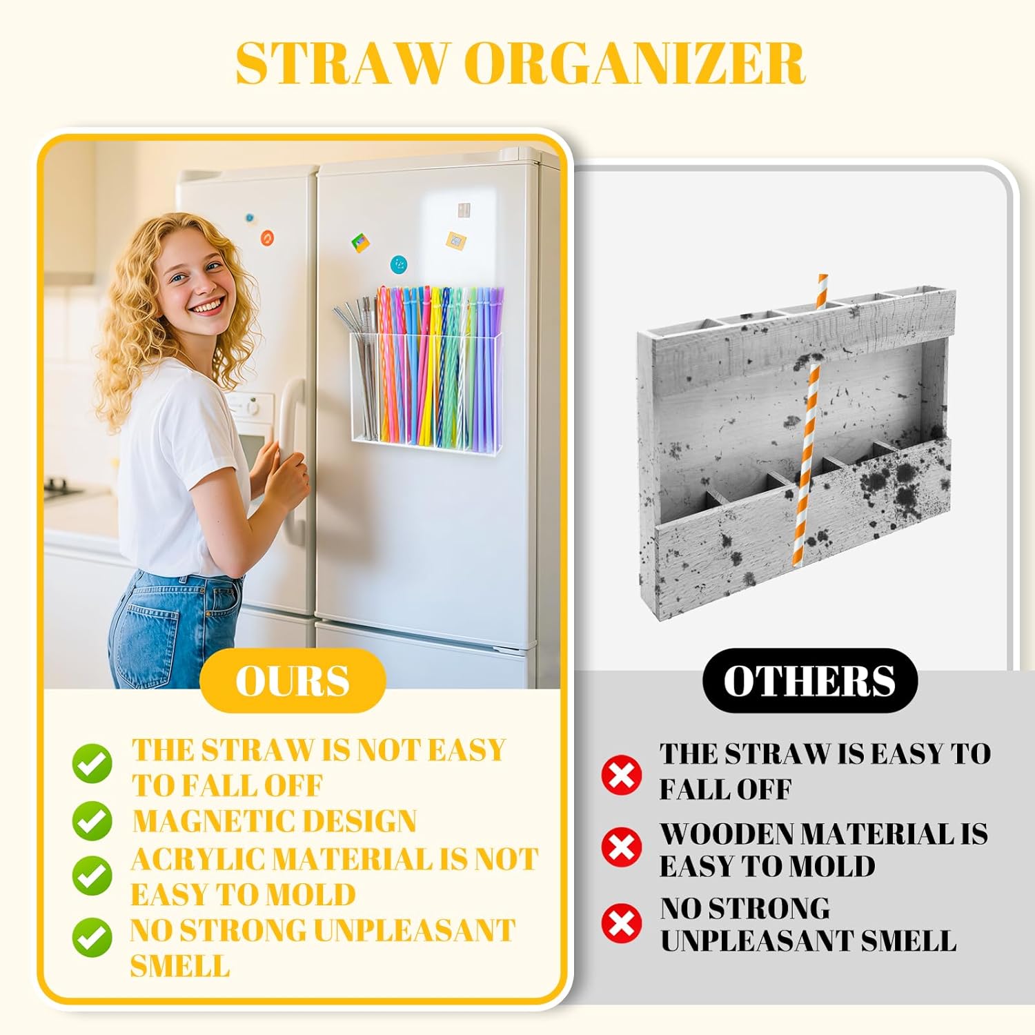 Acrylic Magnetic Straw Holder for Cabinet, Straws Storage Container for Cupboard with Double Sided Adhesive and Stickers, Drinking Reusable Straws Dispenser for Kitchen Counter - Image 3