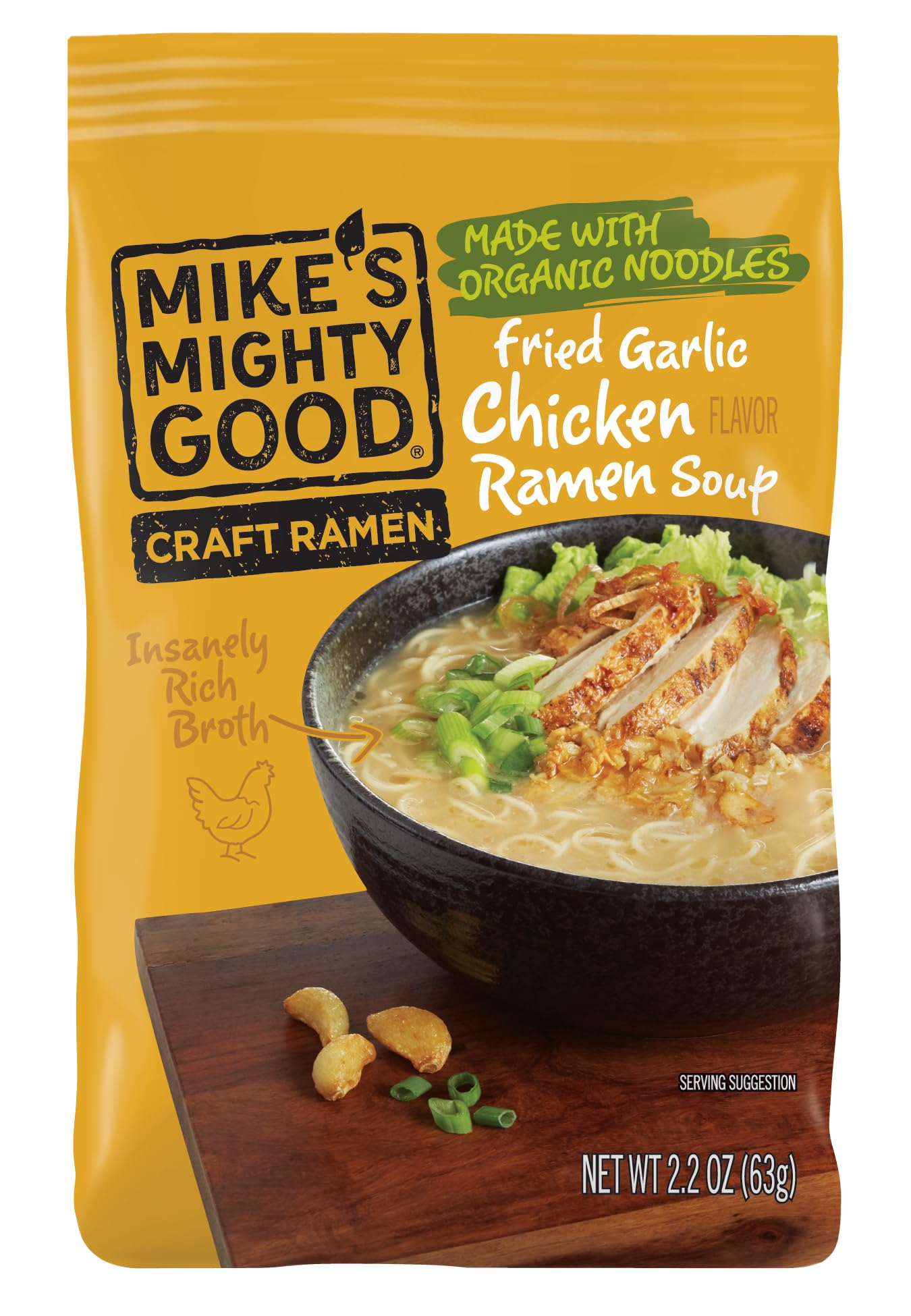 Mike's Mighty Good Ramen Chicken Noodle Soup Pillow Pack - Fried Garlic Chicken Instant Ramen Noodles - Organic Non-GMO - 2.2 Ounces - 7 Pack