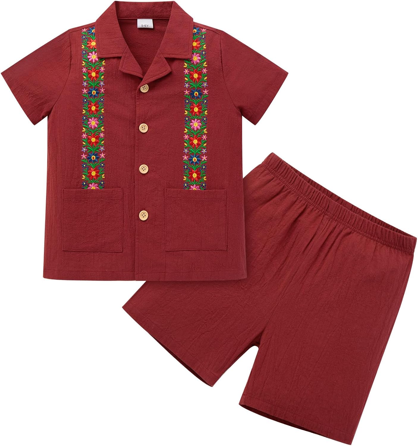 FYMNSI Boys Mexican Traditional Floral Embroidery Short Sleeve Shirt and Shorts Set 2 Piece Summer Folkloric Outfit 2-7T