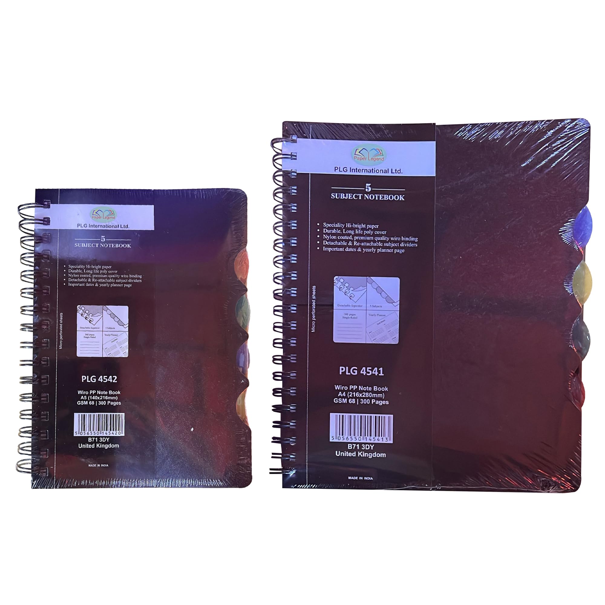 M1SS Set of A4 and A5 A4 Project Book Twin Wiro Bound 300 pages single ruled Soft Black Cover 4 dividers with 9mm Feint Ruled Lines on 68GSM Paper