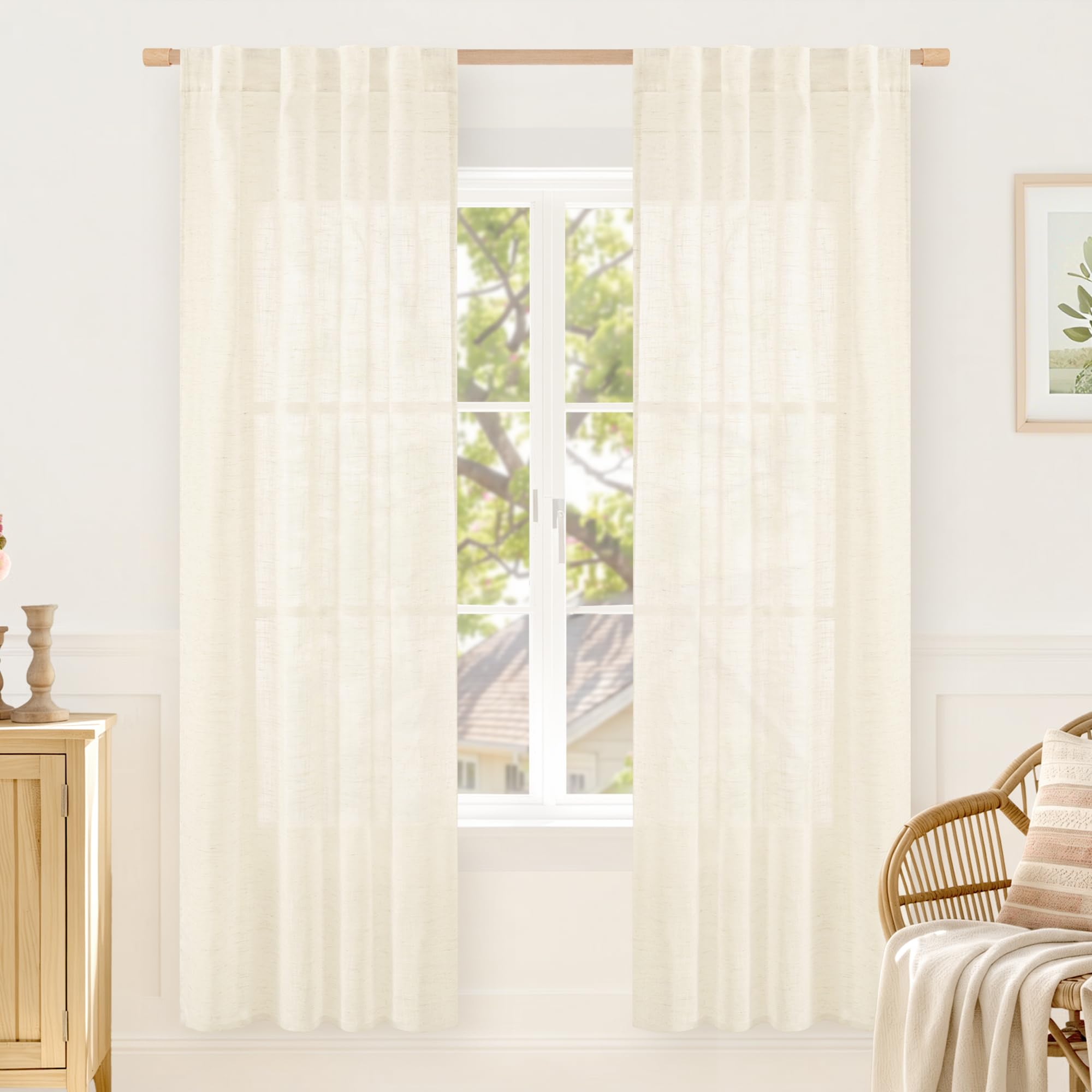 LAMIT Natural Linen Semi Sheer Curtains 84 Inches Long 2 Panels, Living Room Linen Textured Light Filtering Drapes Back Tab and Rod Pocket Neutral Window Panels for Bedroom/Sliding Door, 52 x 84 Inch — view 56